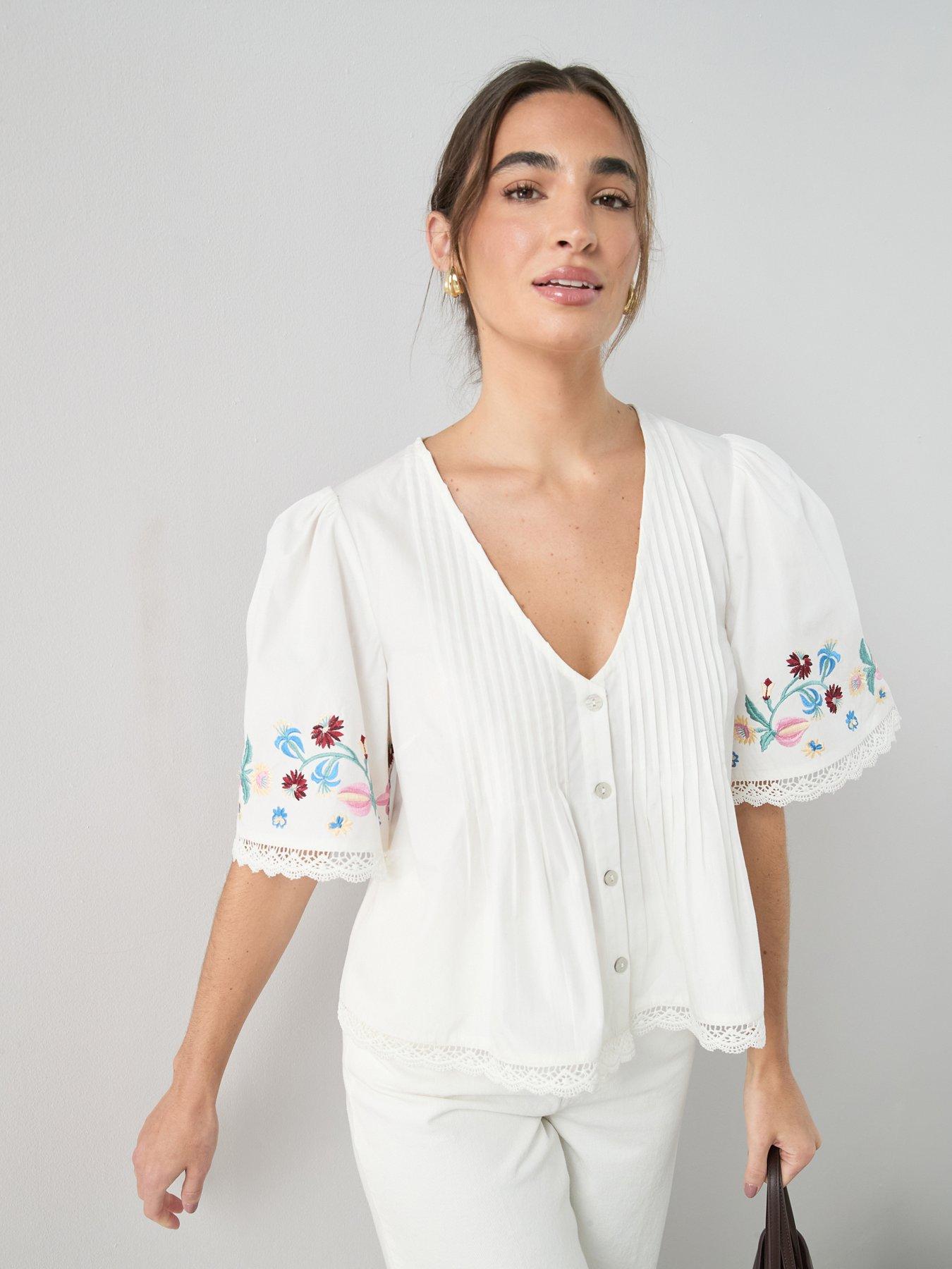 The Very Collection Lace Trimmed Pleated Embroidered Blouse - White