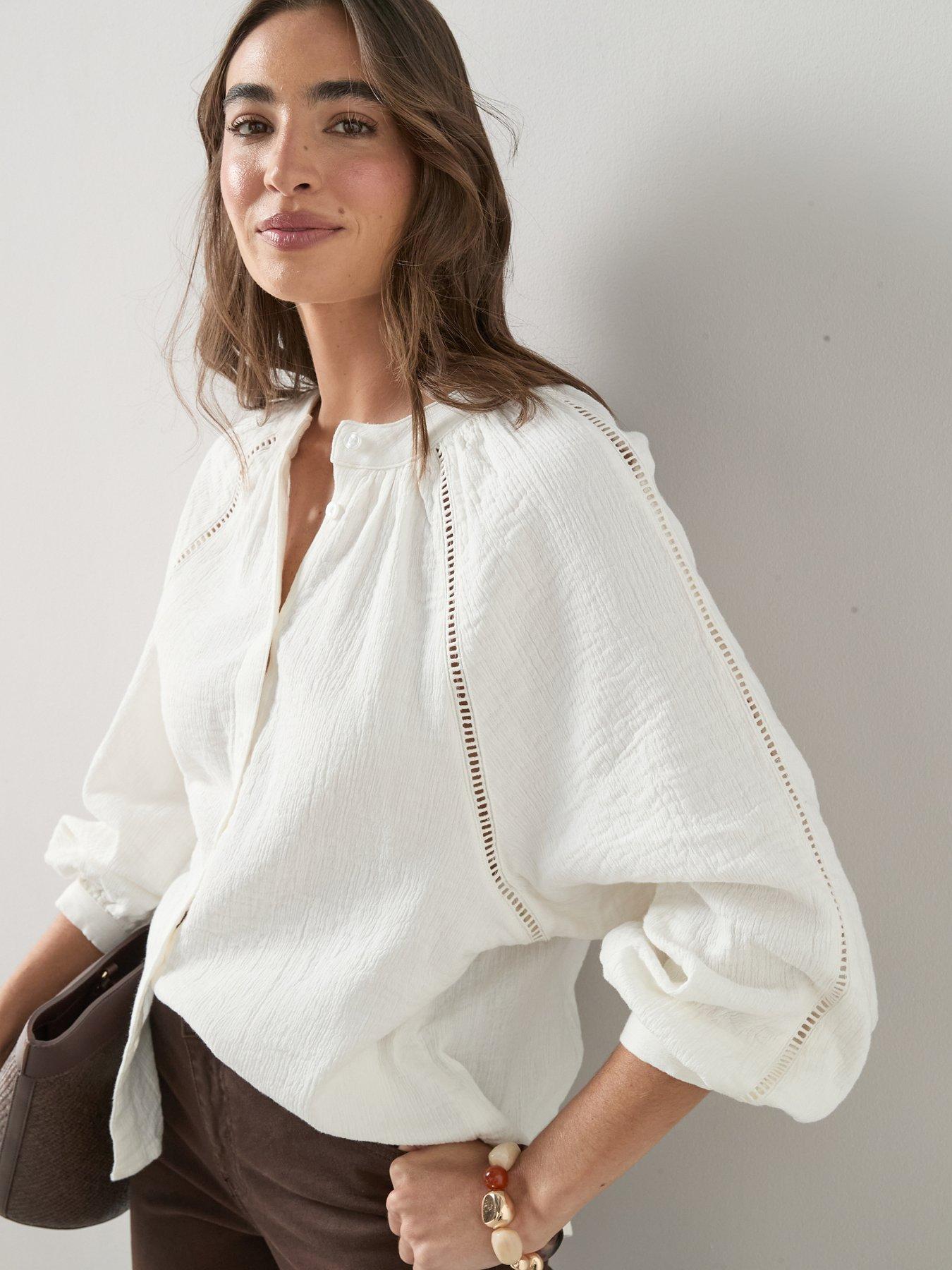  image of the-very-collection-ladder-insert-crinkle-blouse-white