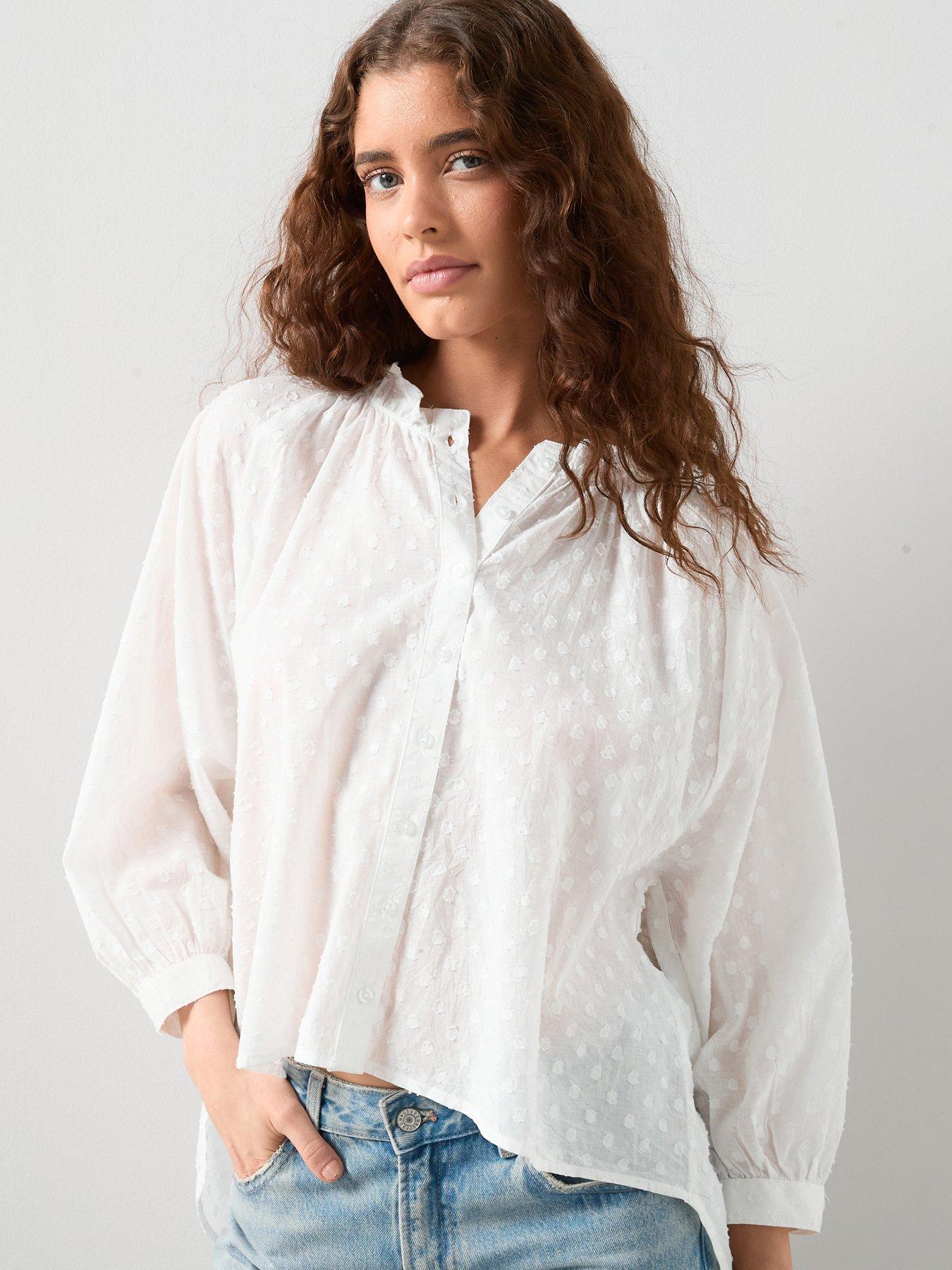 The Very Collection Dobby Button Through Cotton Blouse - White