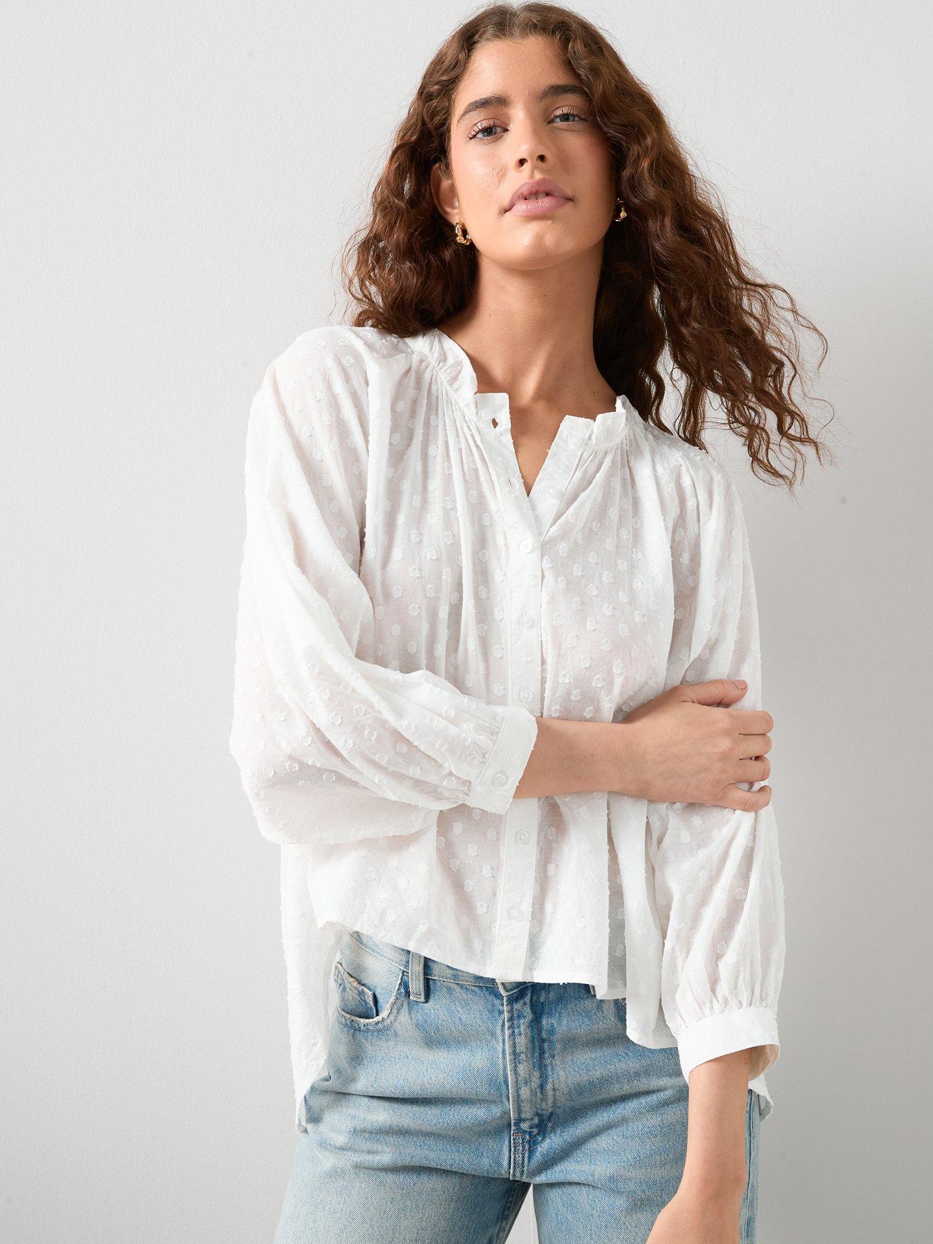  image of the-very-collection-dobby-button-through-cotton-blouse-white