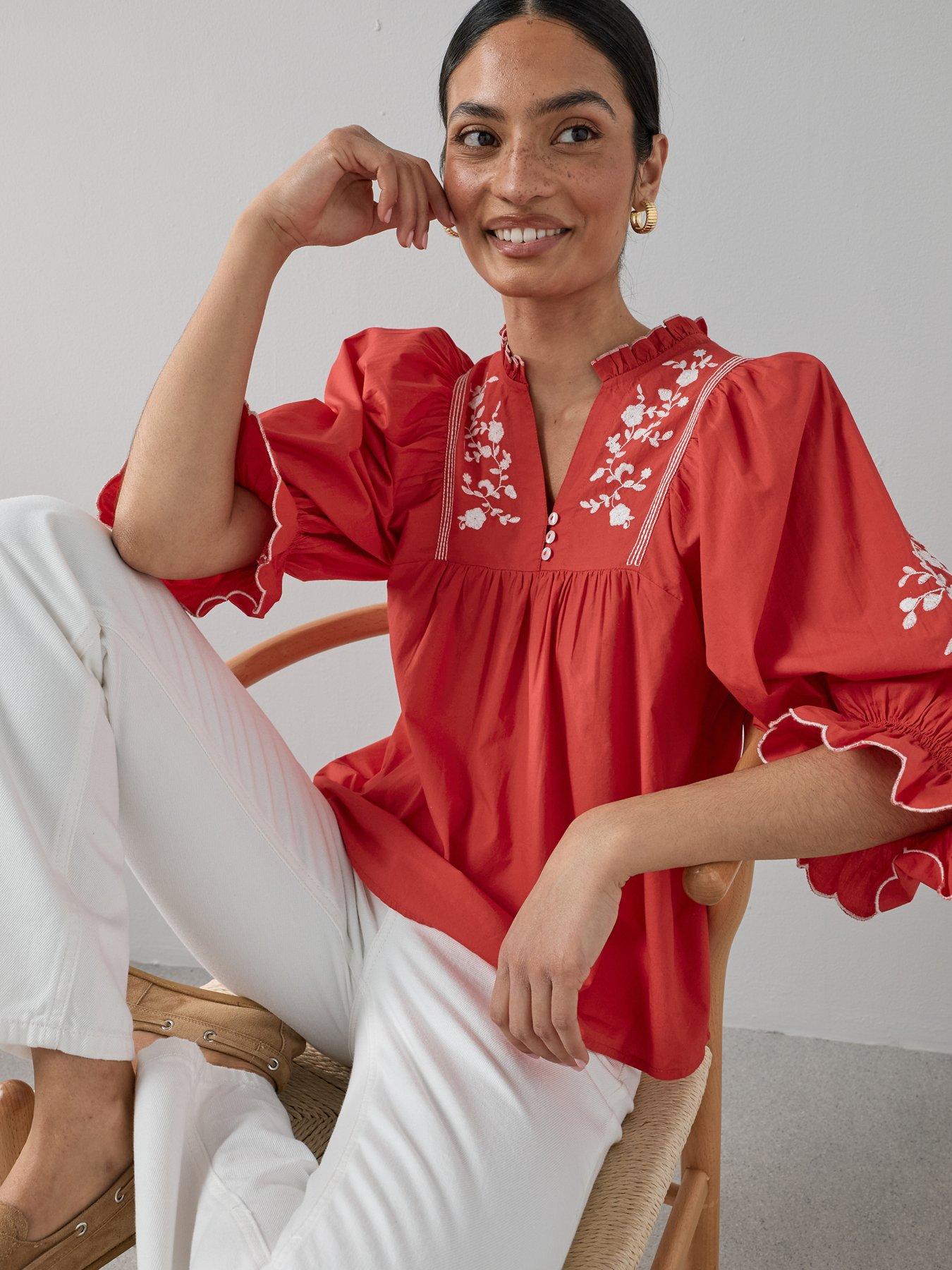The Very Collection Cotton Poplin Embroidered Blouse - Red