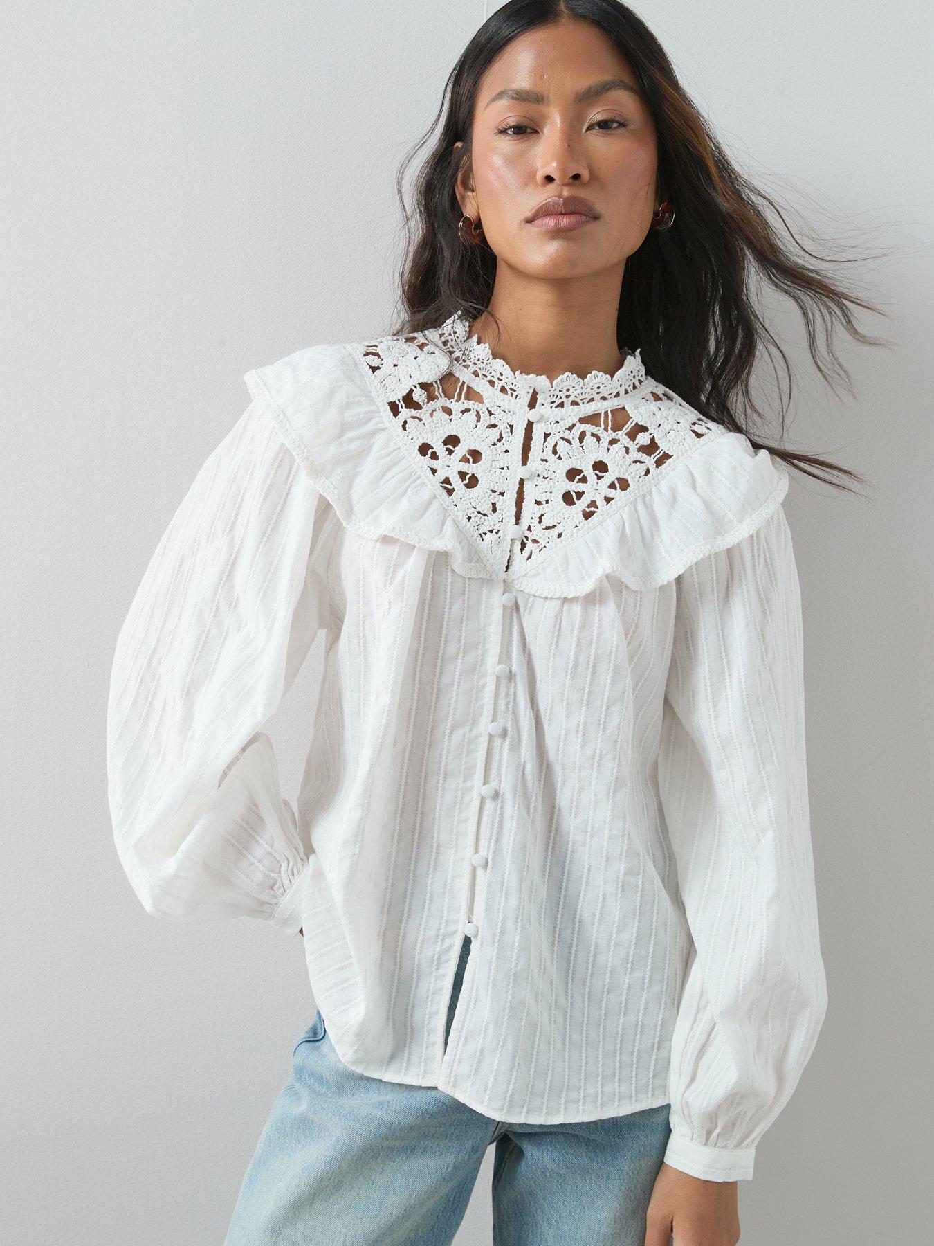 The Very Collection Lace Insert Frill Detail Blouse - White