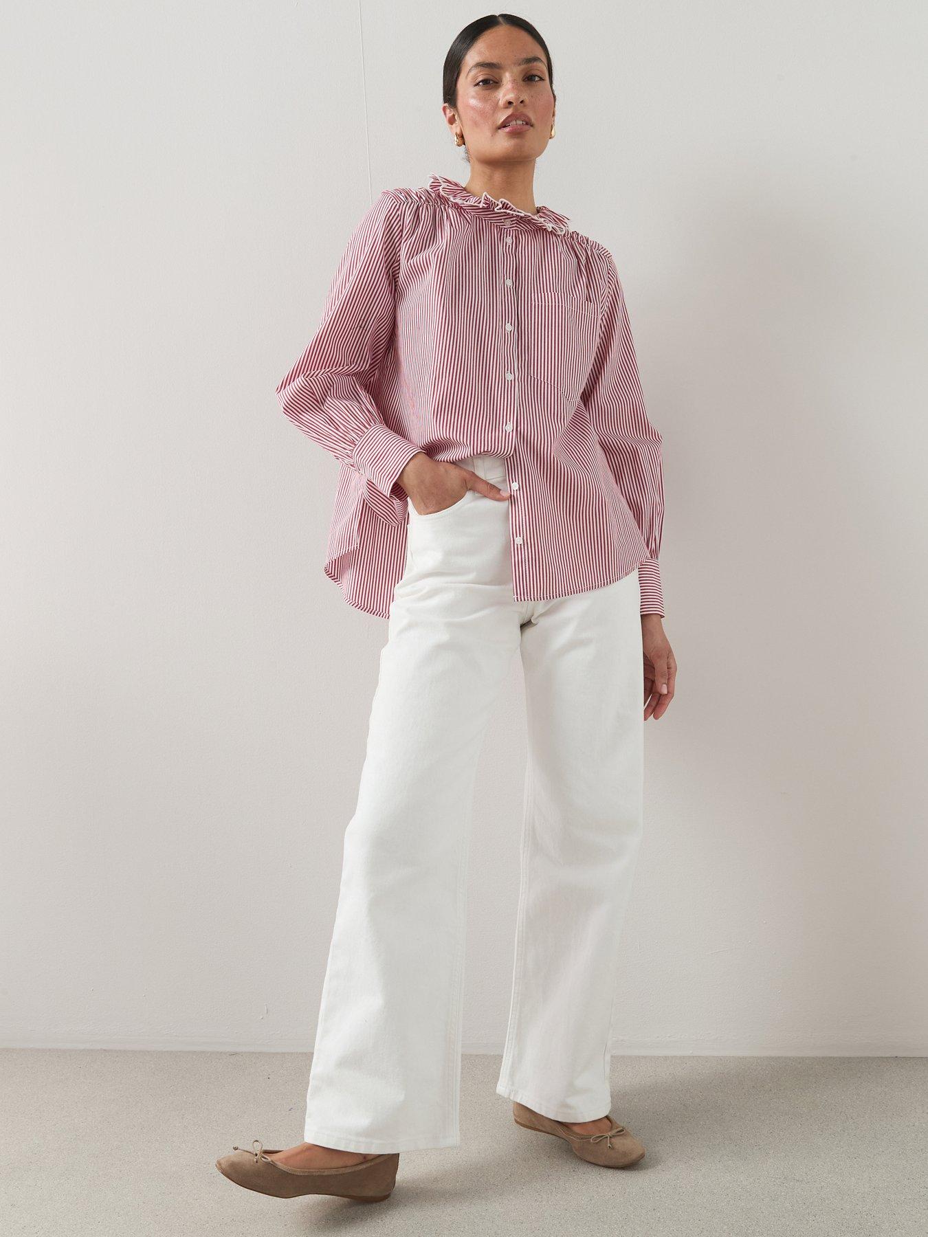 The Very Collection Scalloped Frill Stripe Button Up Shirt - Red
