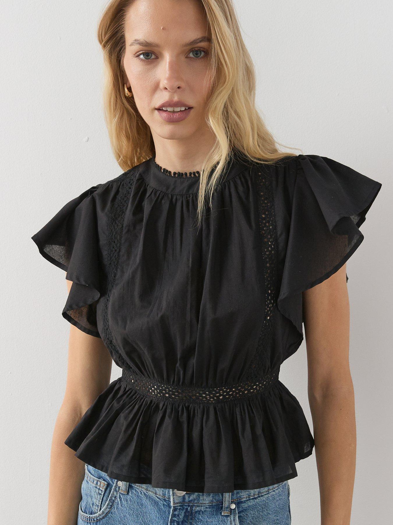 The Very Collection Cotton Lace Ladder Detail Ruffle Top - Black