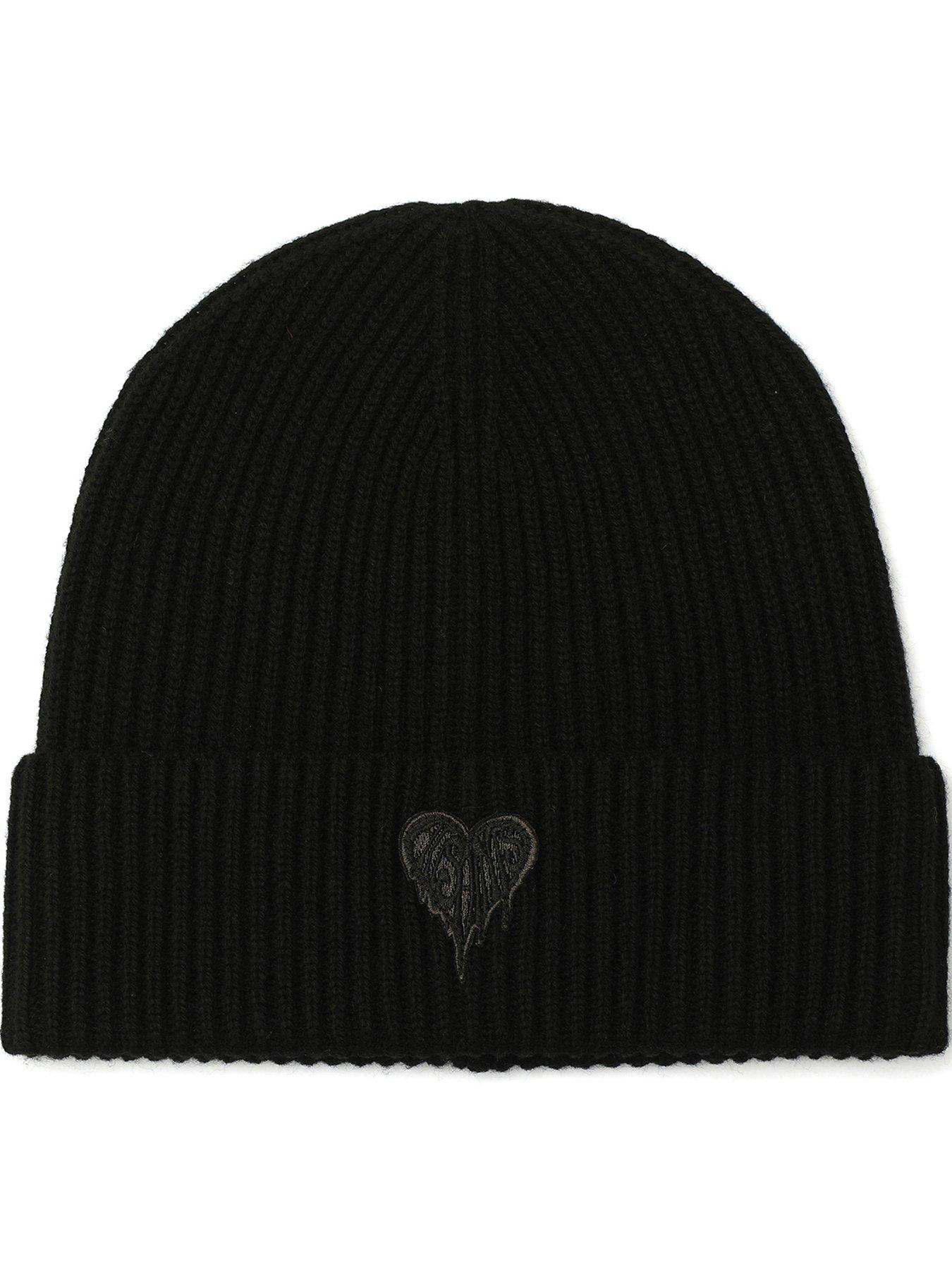 front image of allsaints-heart-logo-beanie-hat-black