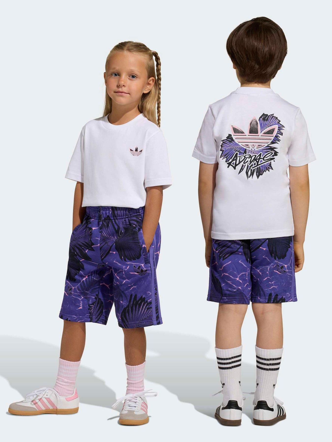 adidas Originals Kids Unisex Floral Printed Regular Short Tee Set - Purple