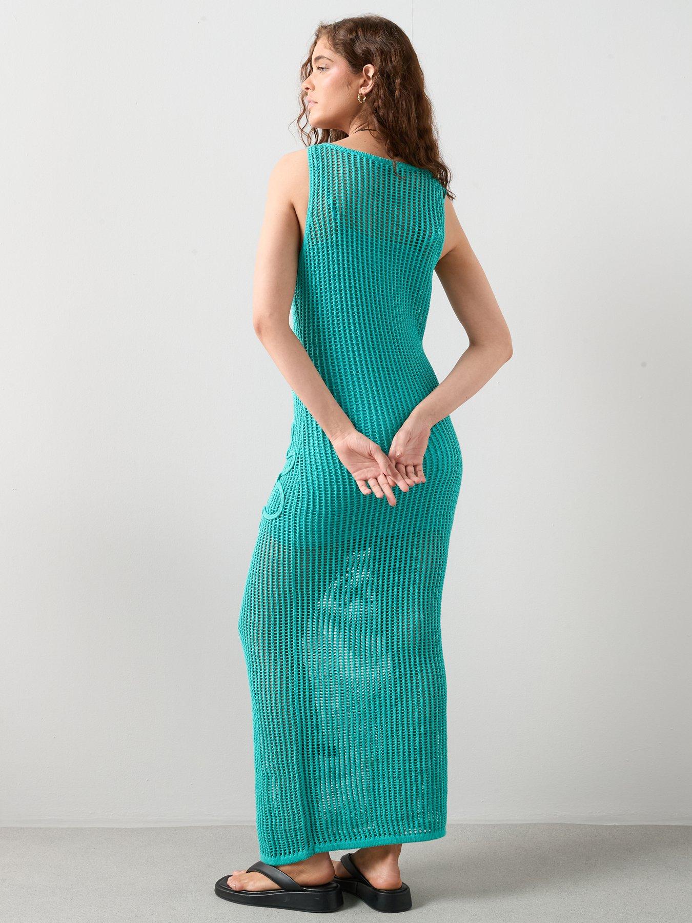 Image 2 of 7 of The Very Collection Cotton Rich Crochet Flower Knitted Maxi Dress&nbsp;- Aqua Blue