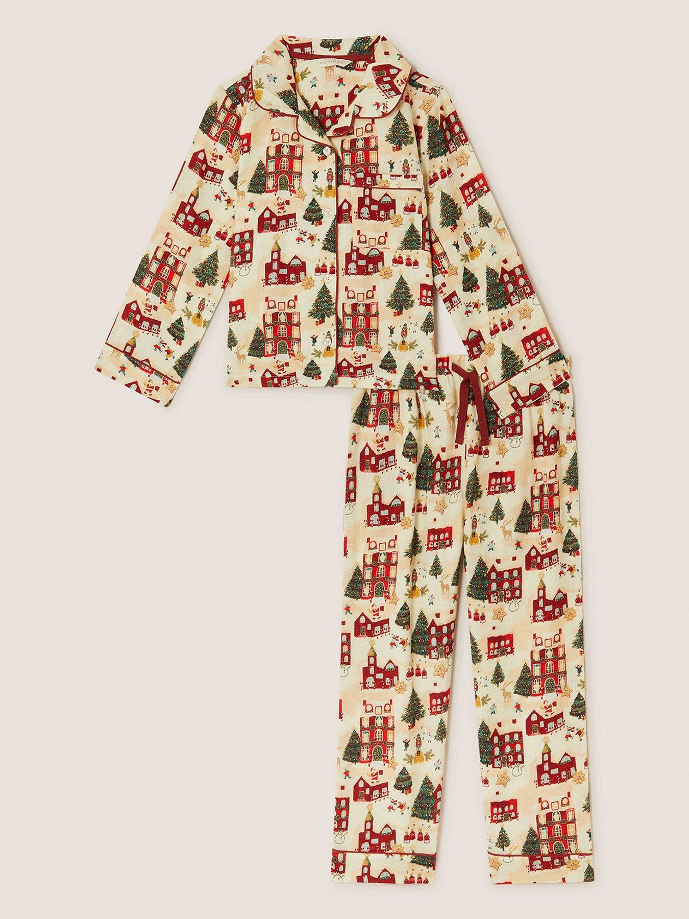  image of monsoon-girls-christmas-scene-print-long-pyjamas-set-cream