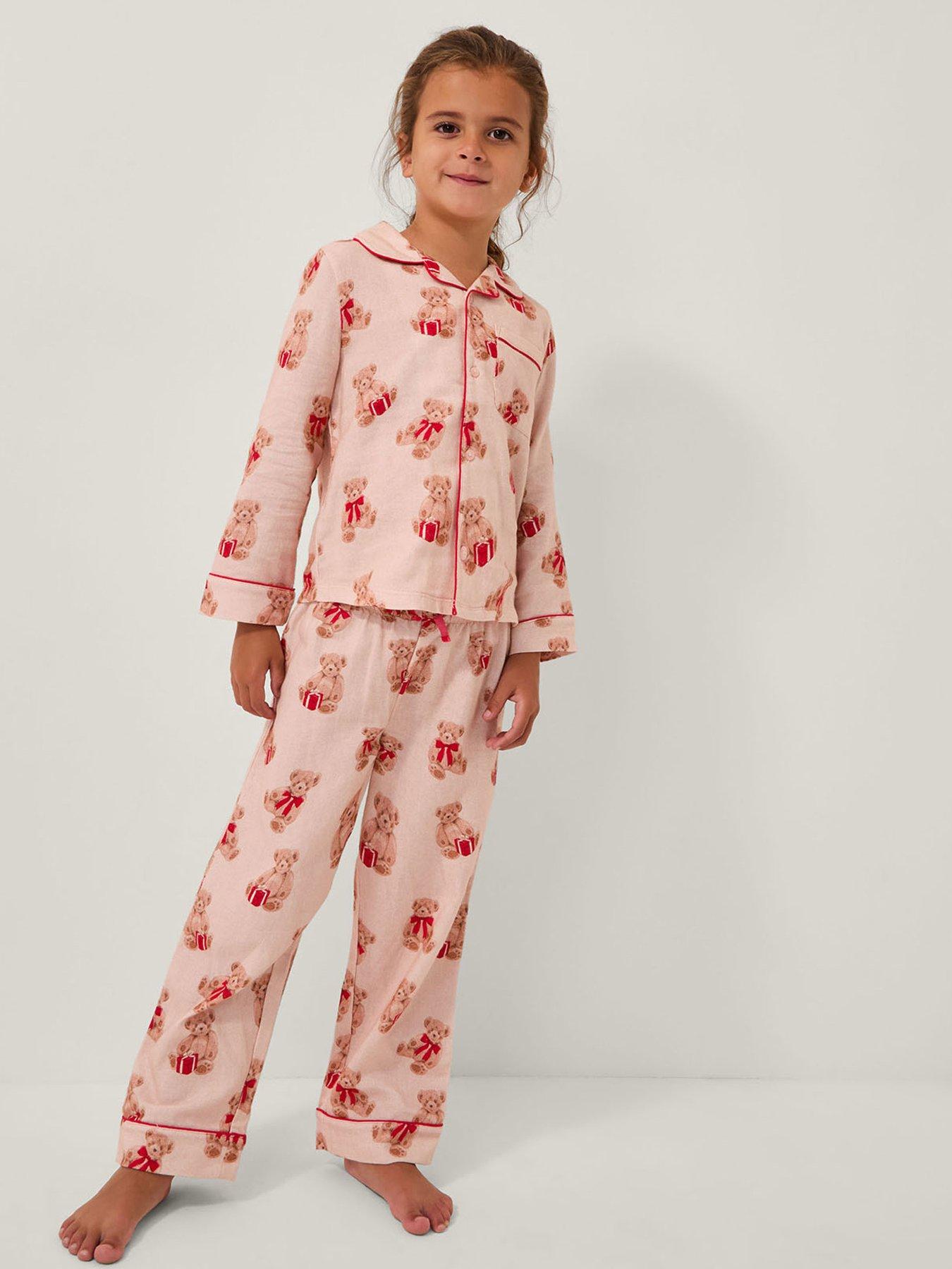 Monsoon Girls Teddy Bear Print Long Christmas Pyjamas Set - Cream