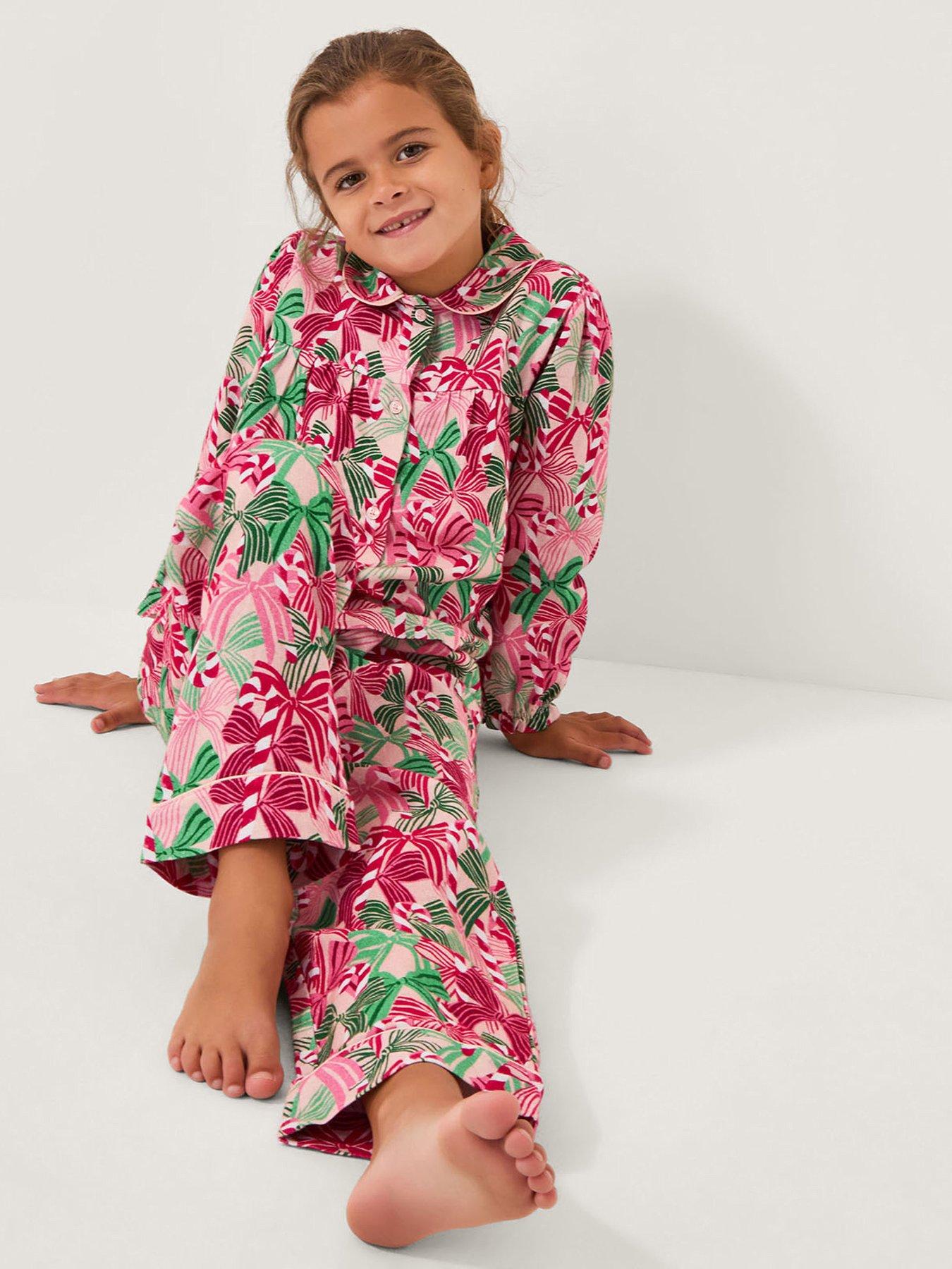 Image 1 of 5 of Monsoon Girls Christmas Bow Print Long Pyjamas Set - Pink