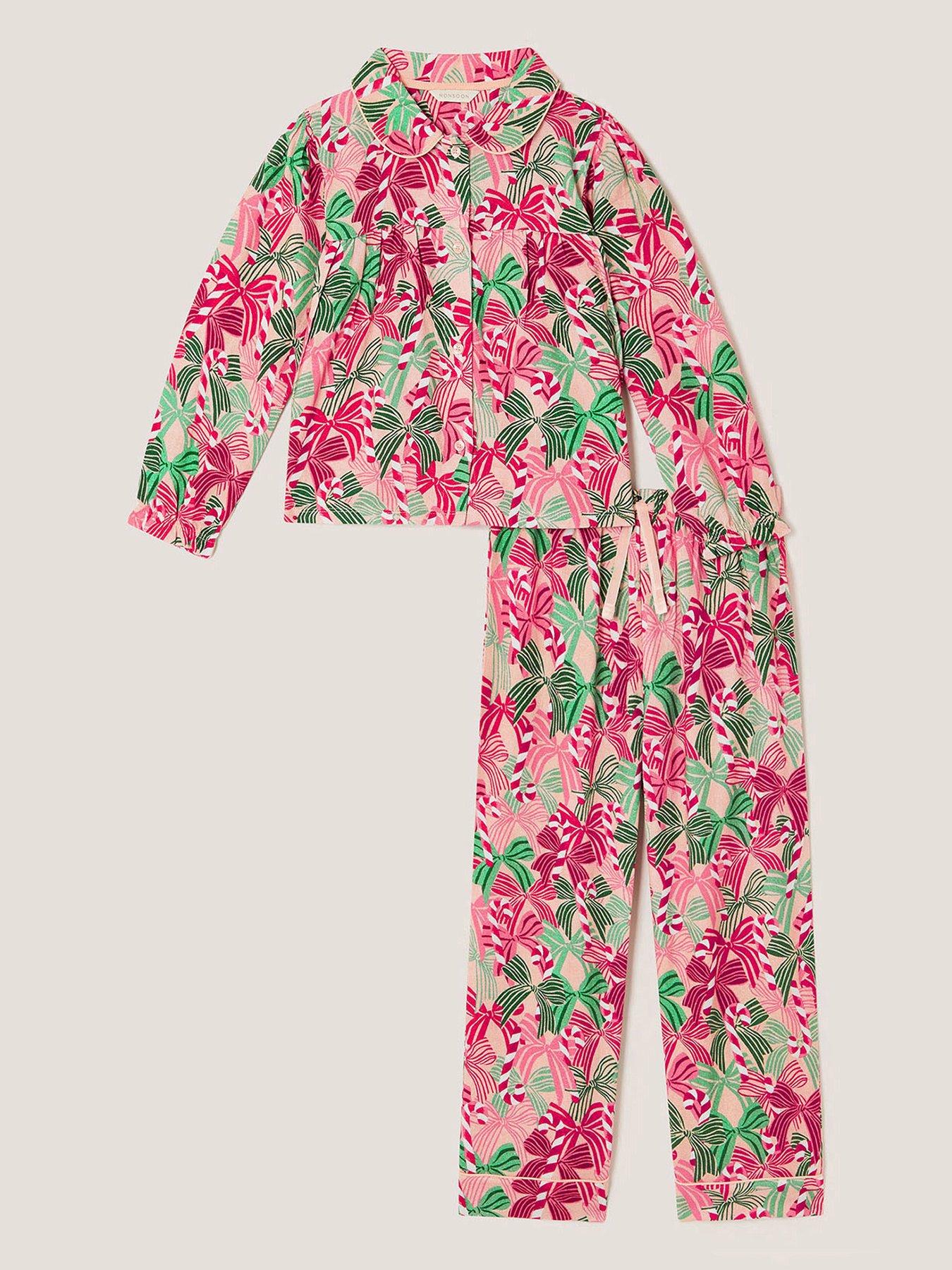 Image 2 of 5 of Monsoon Girls Christmas Bow Print Long Pyjamas Set - Pink