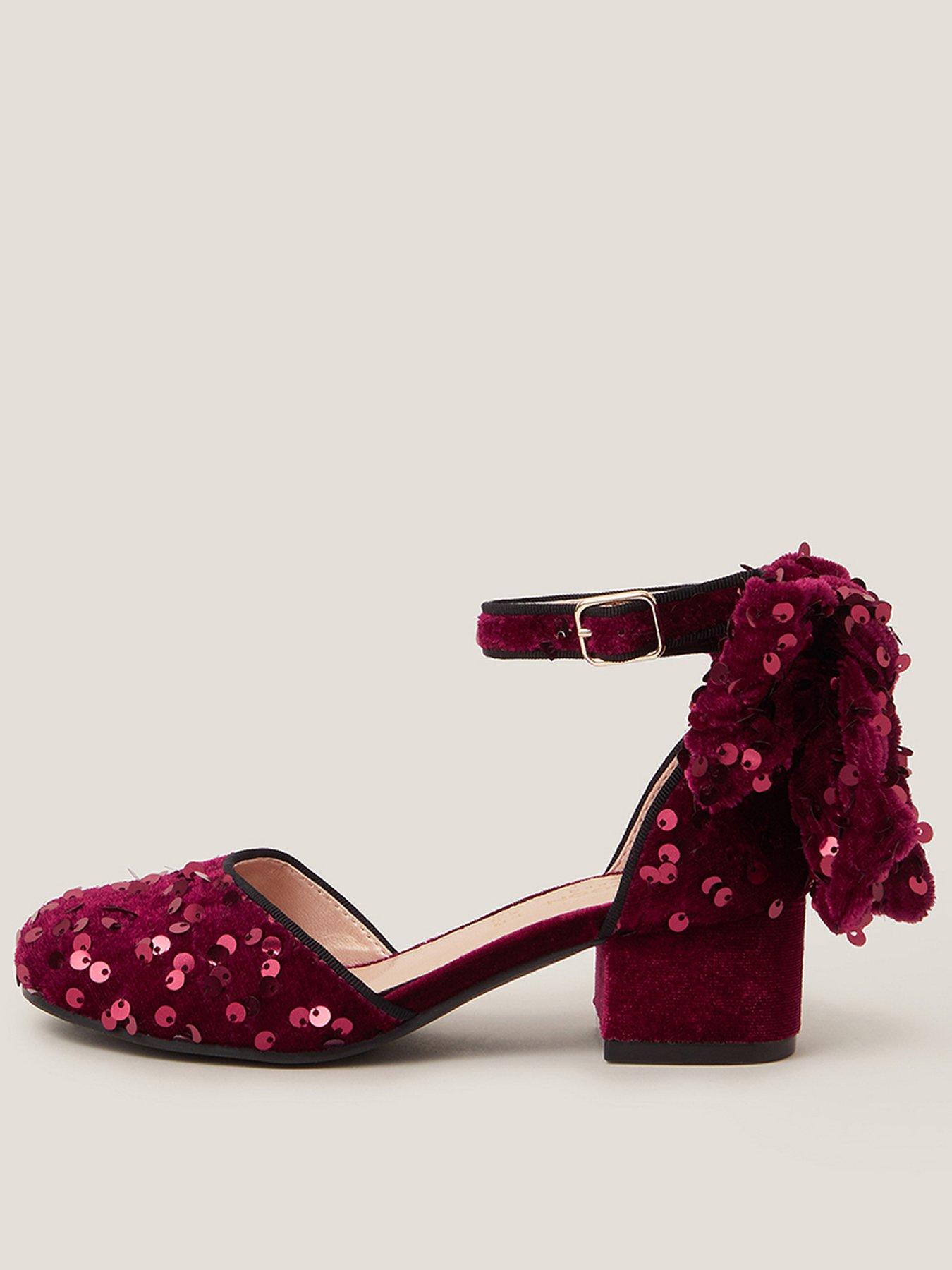  image of monsoon-girls-sequin-velvet-bow-heeled-shoes-dark-red