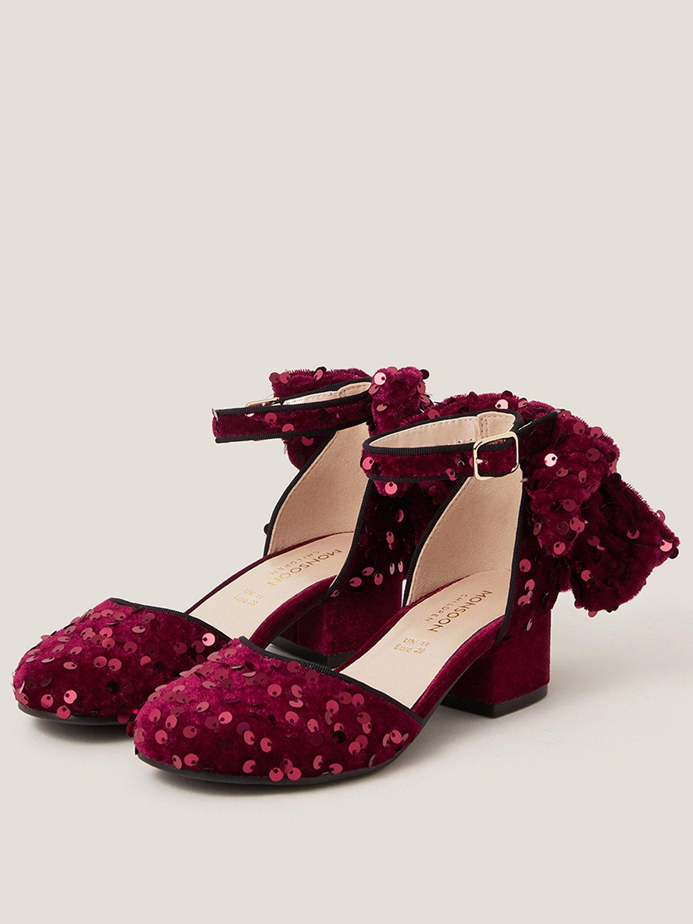  image of monsoon-girls-sequin-velvet-bow-heeled-shoes-dark-red