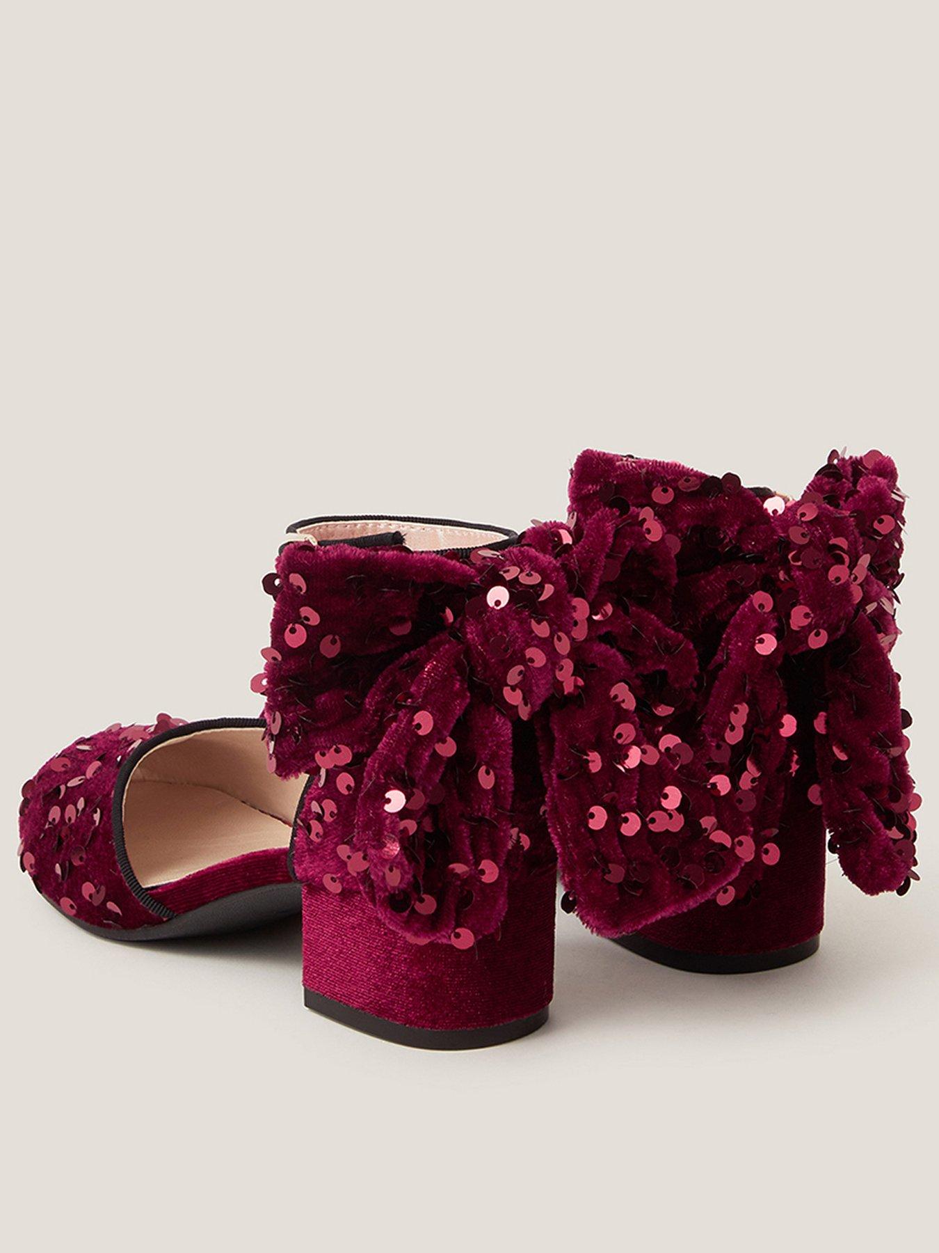  image of monsoon-girls-sequin-velvet-bow-heeled-shoes-dark-red