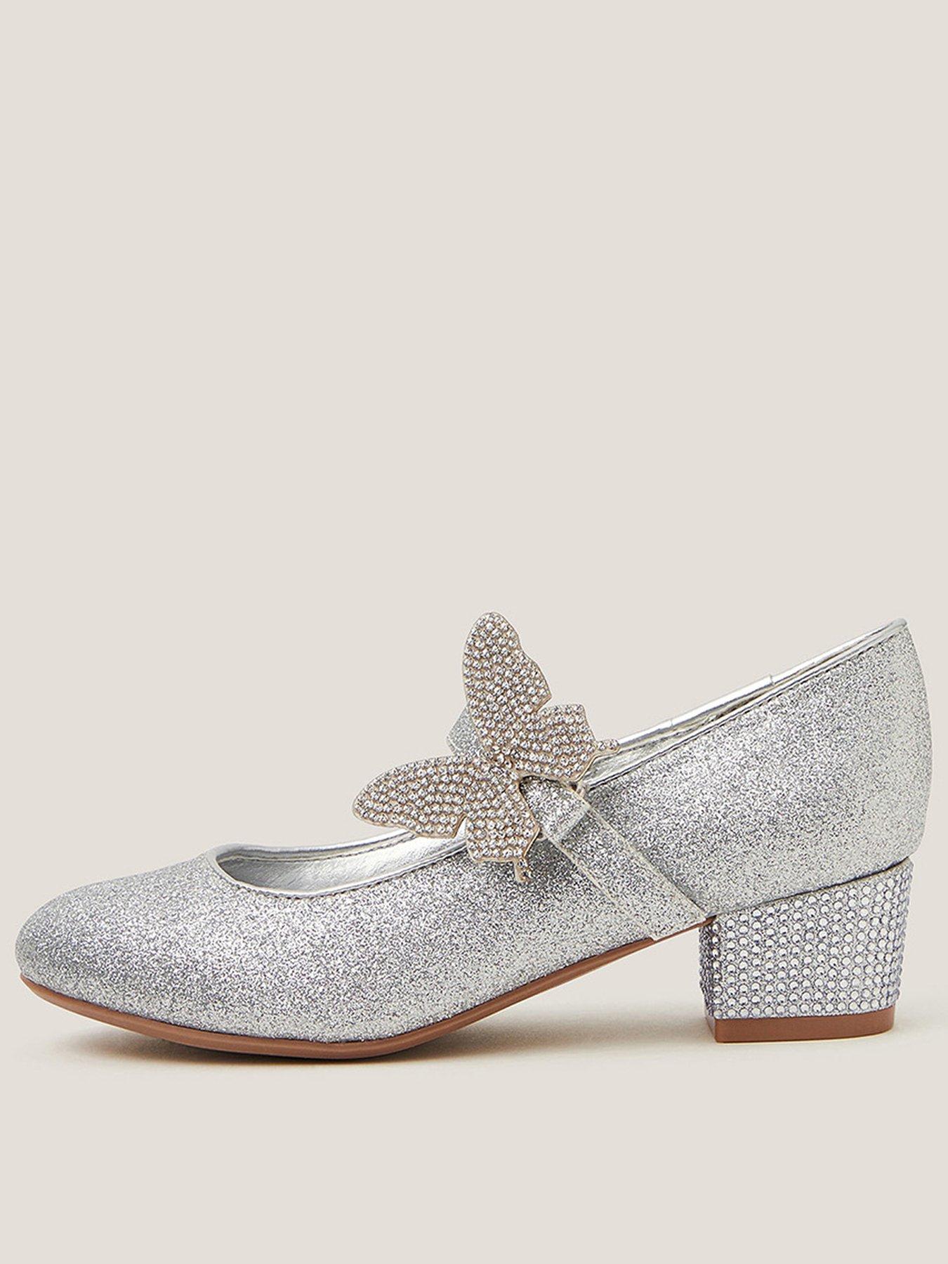 Monsoon Girls Butterfly Strap Glitter Heeled Shoes - Silver