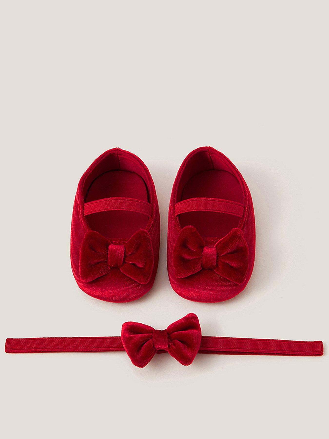 Monsoon Baby Girls Bow Velvet Headband  &  Booties Set - Red