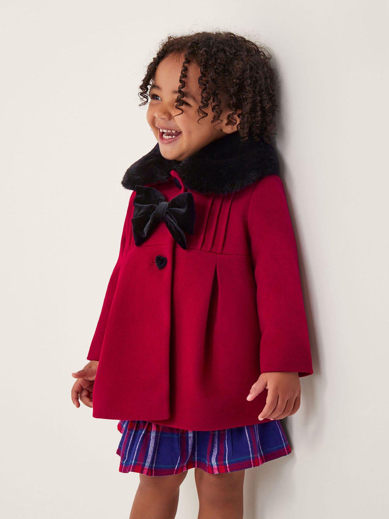 Monsoon Baby Girls Fluffy Collar Bow Coat - Red