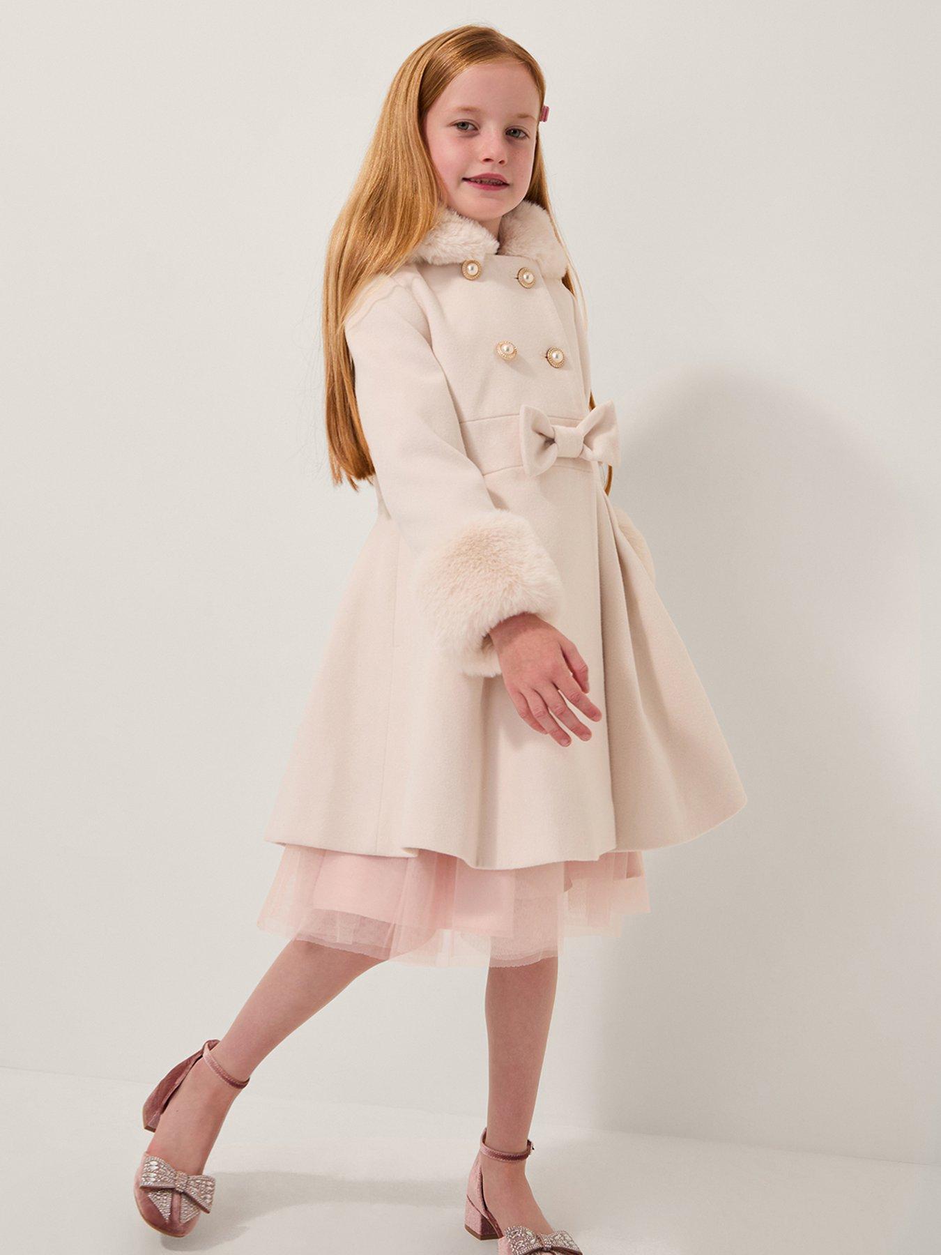 Monsoon Girls Faux Fur Hood Double Breasted Coat - Cream