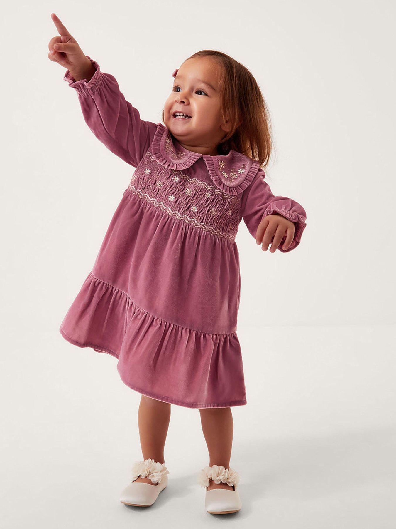 Monsoon Baby Girls Floral Embroidered Velvet Dress - Pink