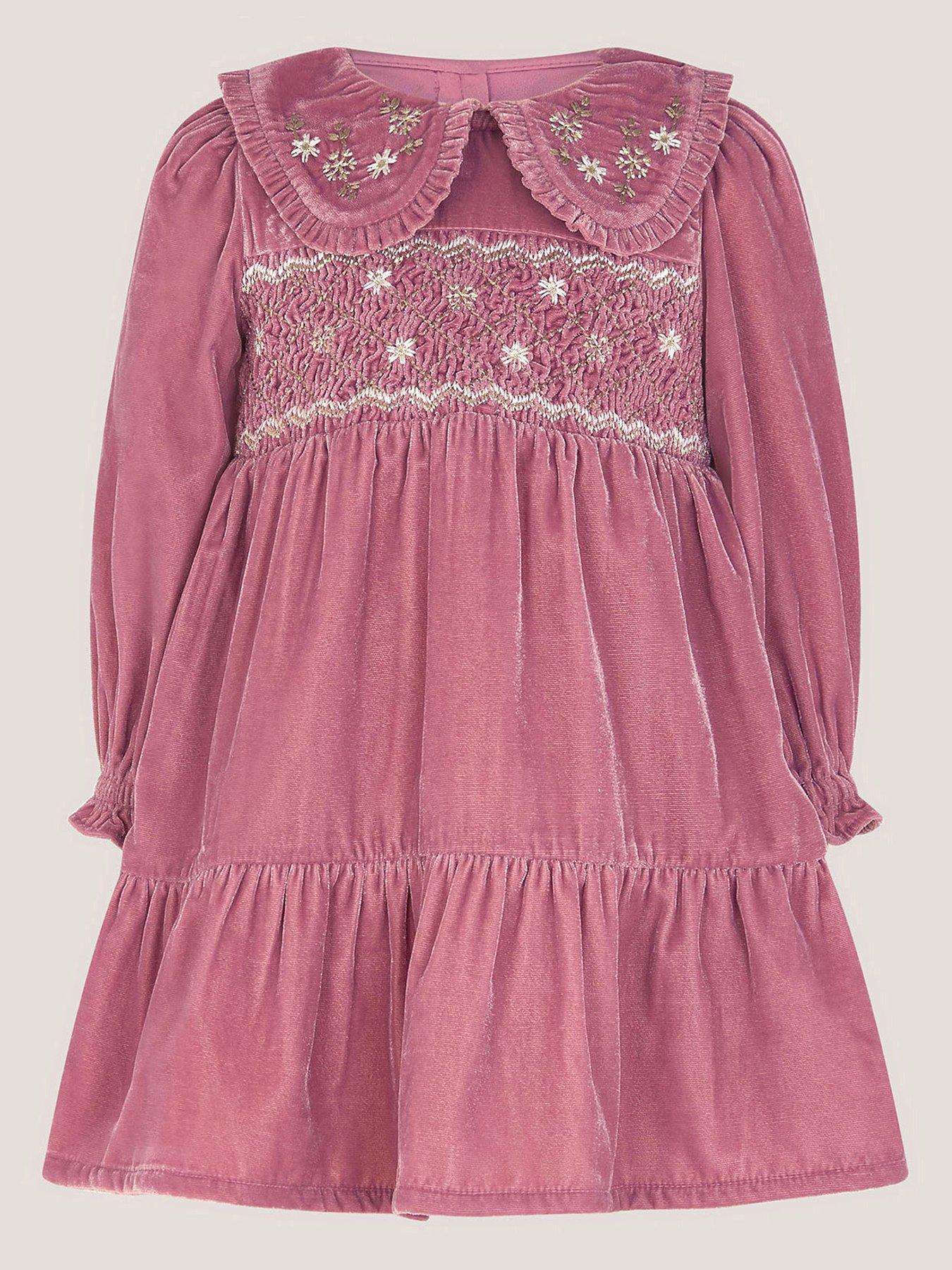 Monsoon Baby Girls Floral Embroidered Velvet Dress - Pink