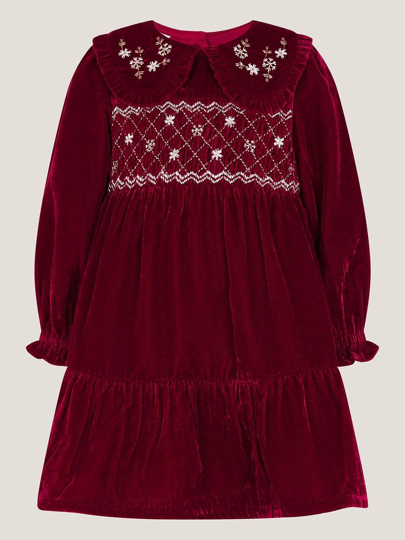 Image 1 of 3 of Monsoon Baby Girls Floral Embroidered Velvet Dress - Dark Red
