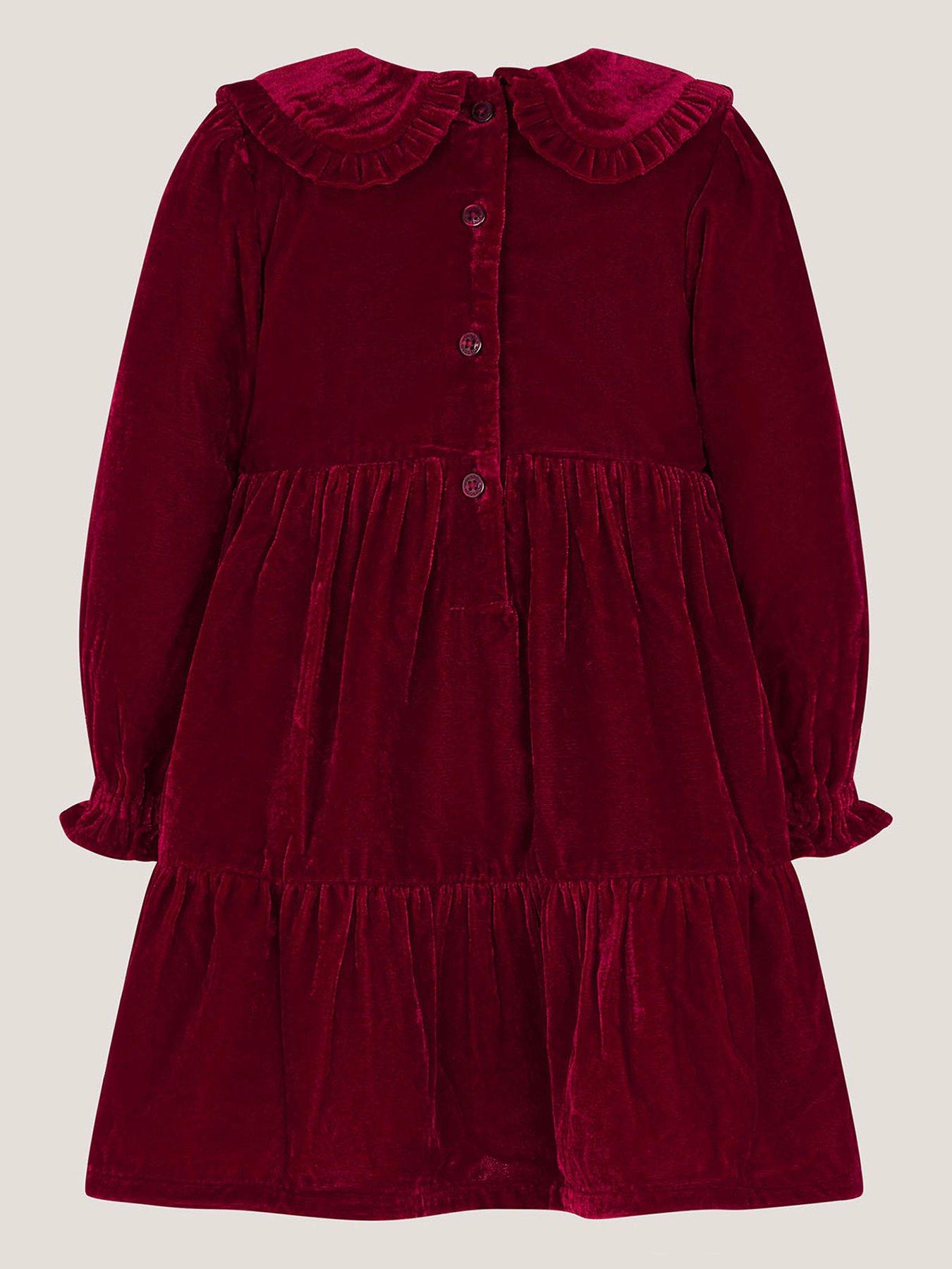 Image 2 of 3 of Monsoon Baby Girls Floral Embroidered Velvet Dress - Dark Red