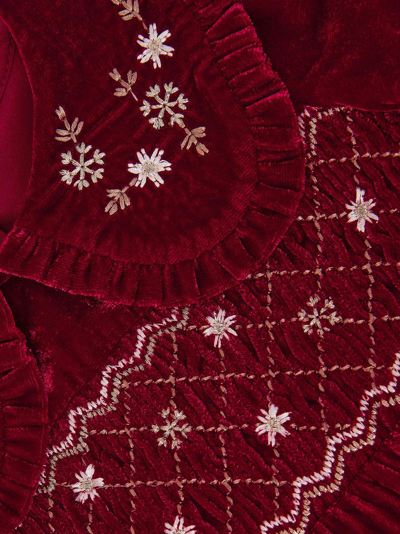 Image 3 of 3 of Monsoon Baby Girls Floral Embroidered Velvet Dress - Dark Red