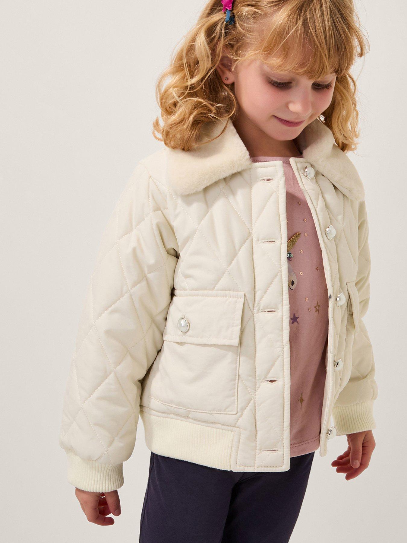 Monsoon Girls Faux Fur Collar Quilted Bomber Jacket - Cream