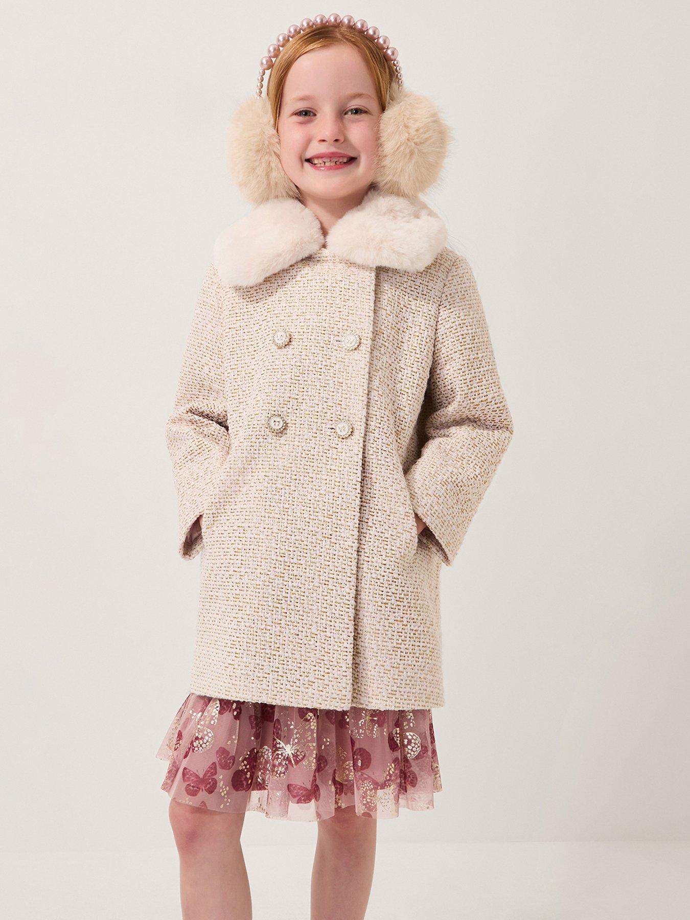 Monsoon Girls Detachable Collar Tweed Coat - Cream