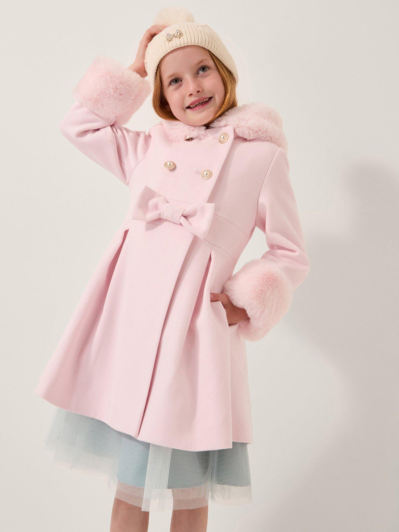 Monsoon Girls Faux Fur Hood Double-breasted Coat - Pink