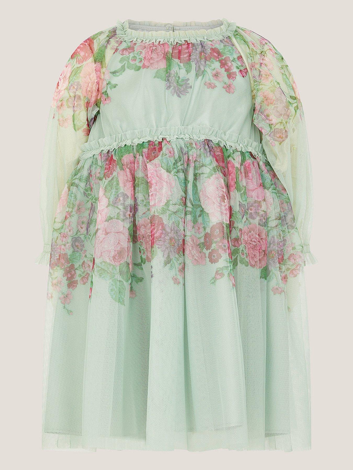 Image 2 of 4 of Monsoon Baby Girls Nadia Long Sleeve Rose Party Dress - Light Green