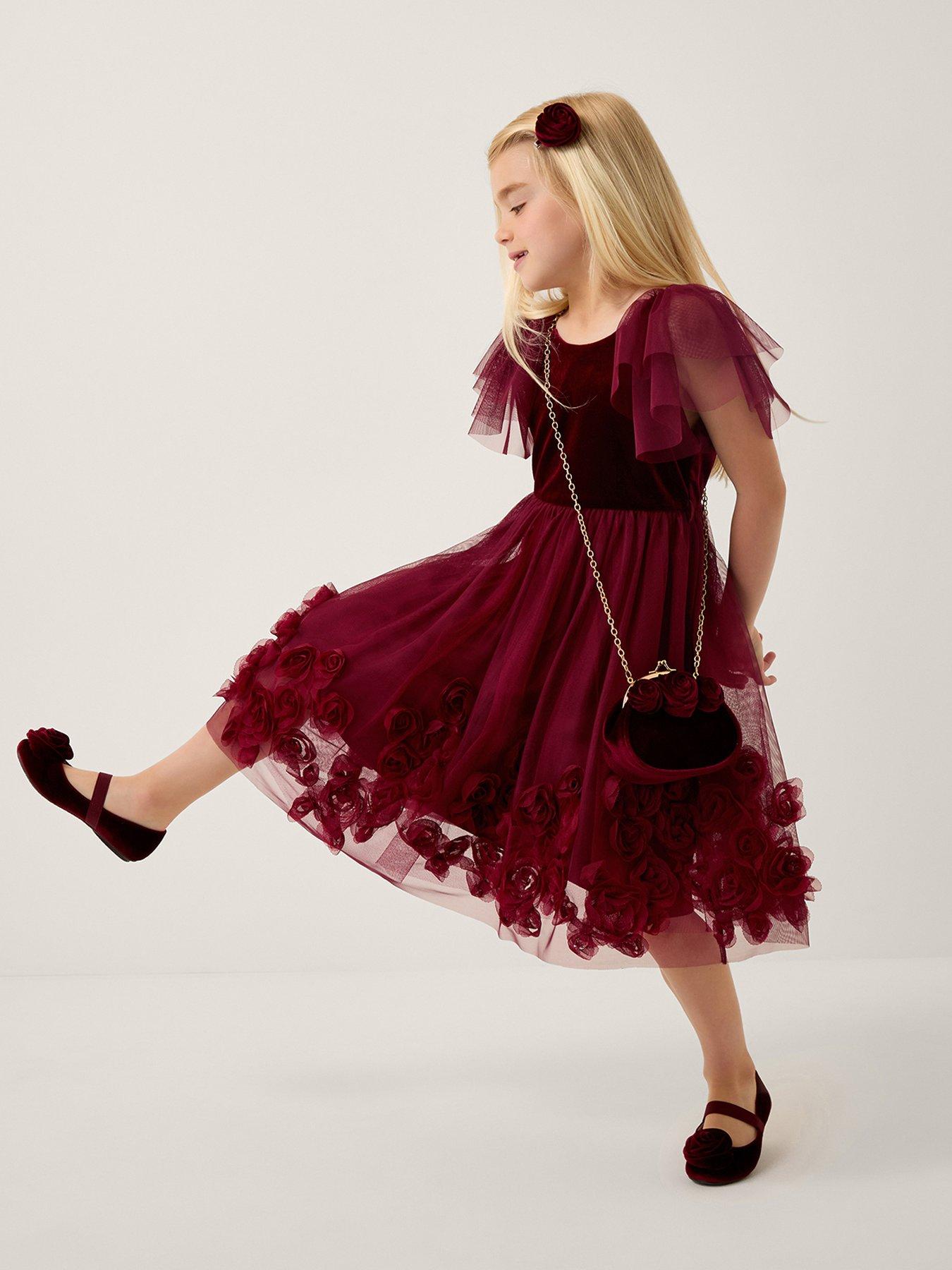  image of monsoon-girls-eden-velvet-rose-applique-party-dress-dark-red