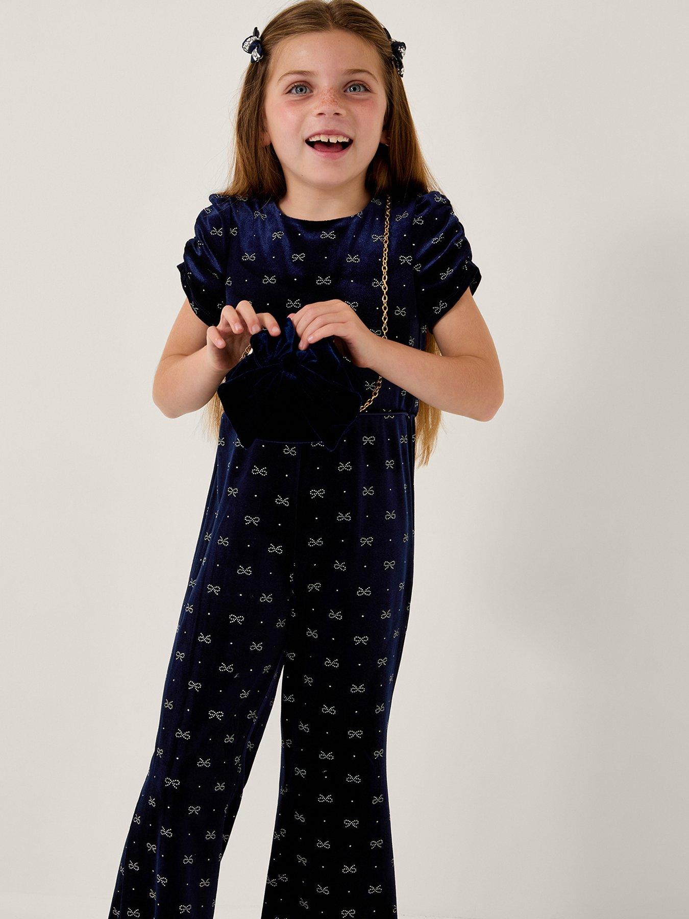 Monsoon Girls Bow Embellished Velvet Flare Jumpsuit - Navy