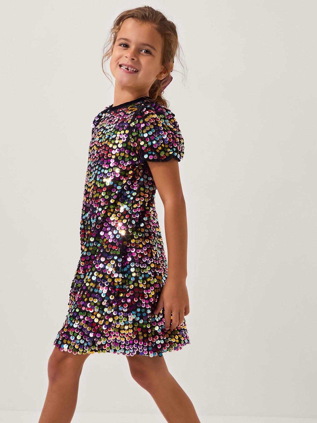 Monsoon Girls Rainbow Sequin Puff Sleeve Dress - Multi