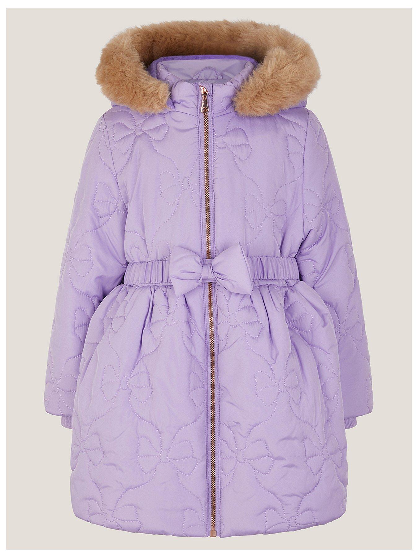 Monsoon Girls Faux Fur Hooded Bow Quilted Coat - Light Purple