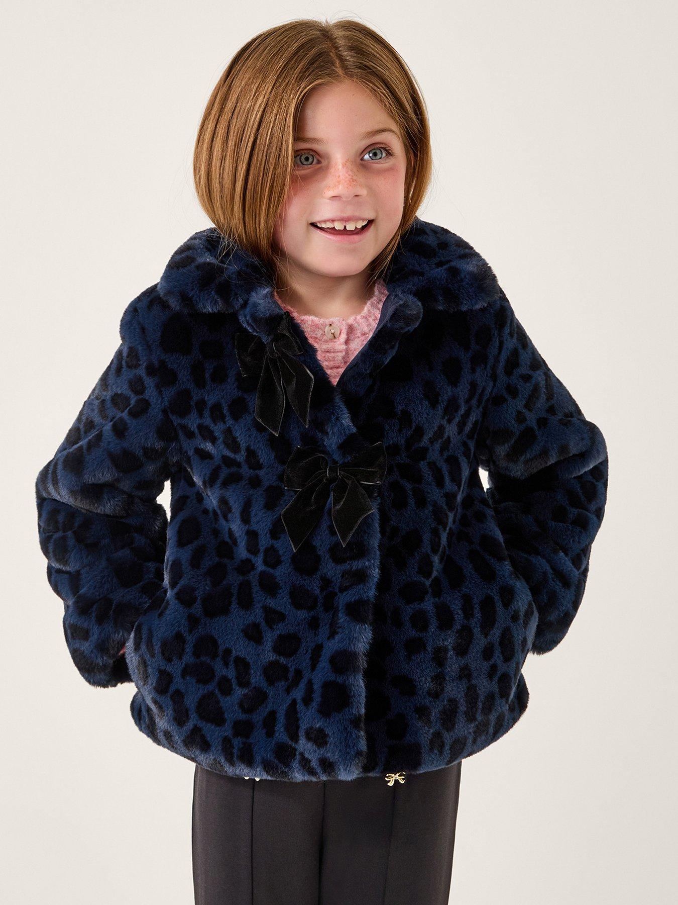 Monsoon Girls Animal Print Faux Fur Bow Coat - Blue
