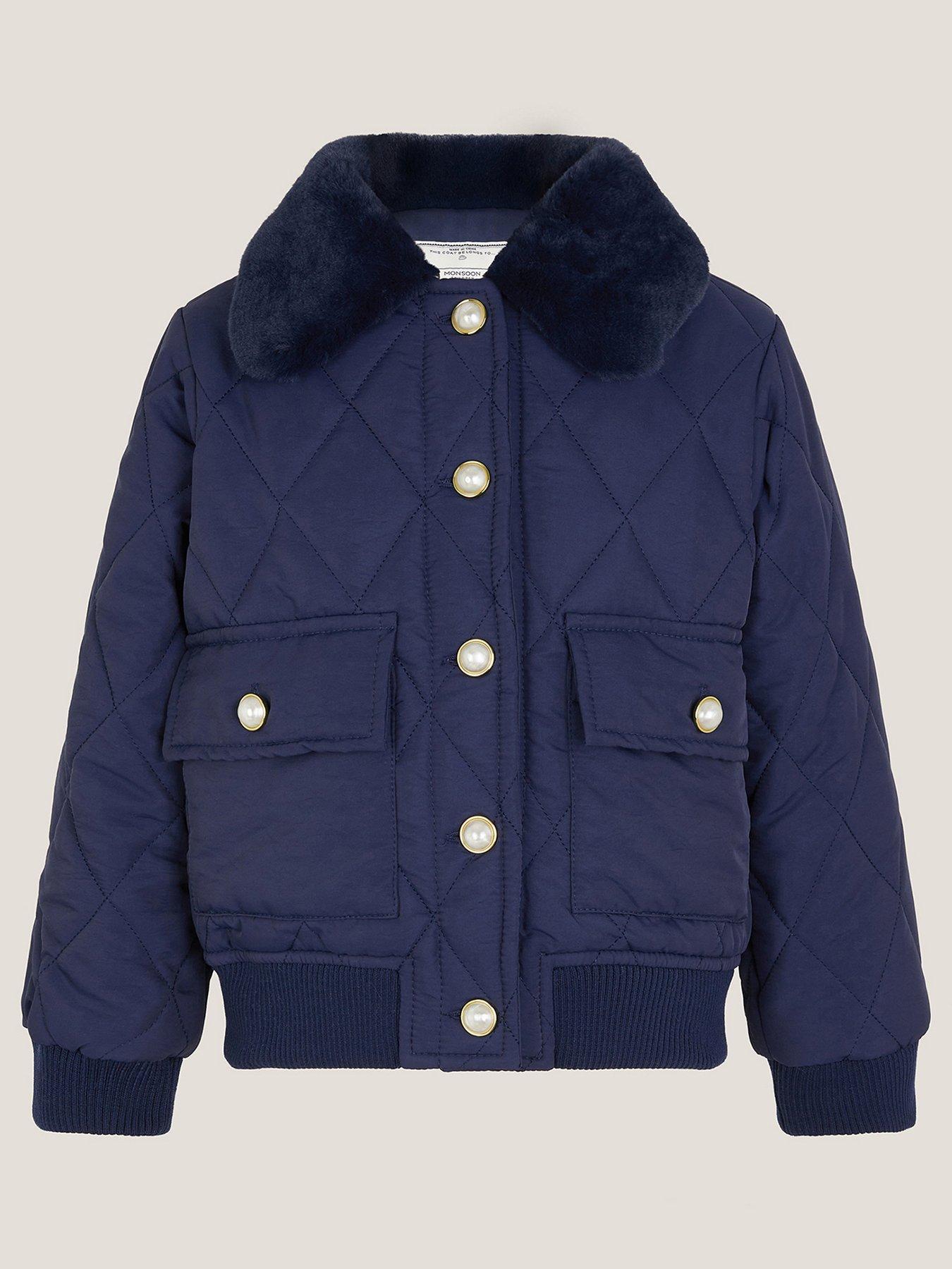 Monsoon Girls Faux Fur Collar Quilted Bomber Jacket - Navy