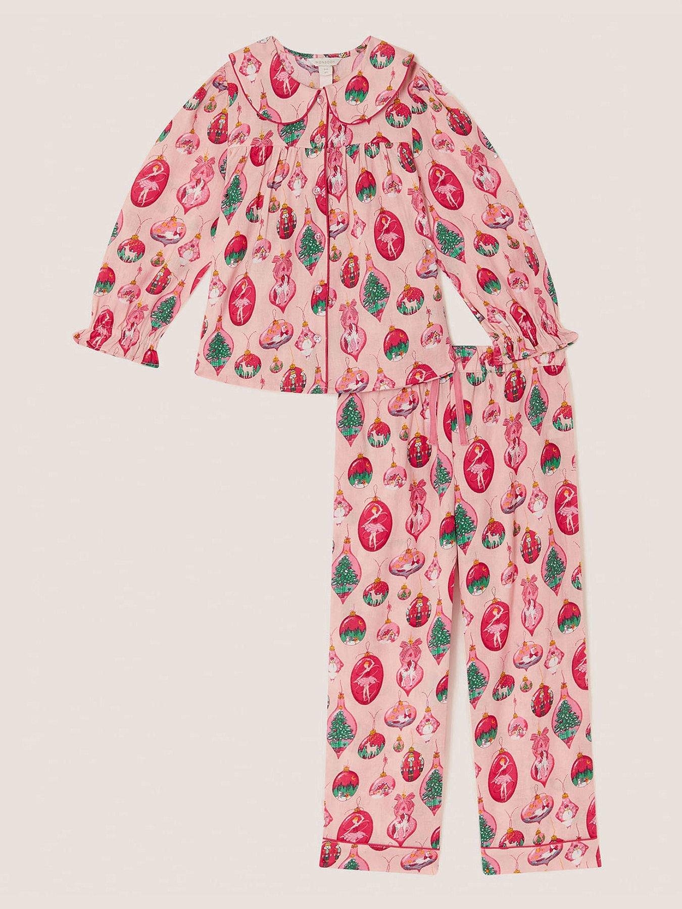  image of monsoon-girls-christmas-bauble-print-long-pyjamas-set-pink