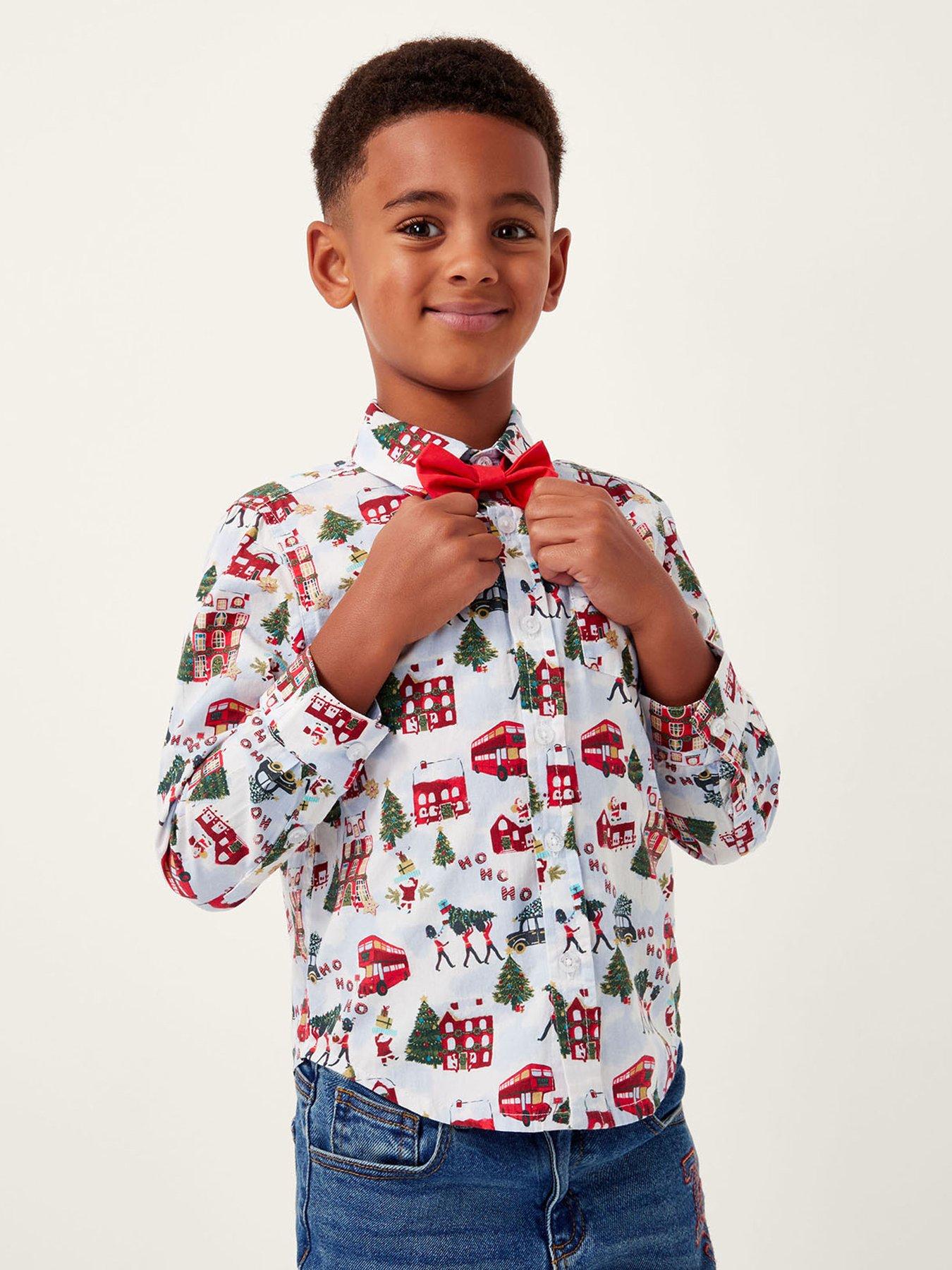 Monsoon Boys London Christmas Print Shirt  &  Bow Tie Set - Cream