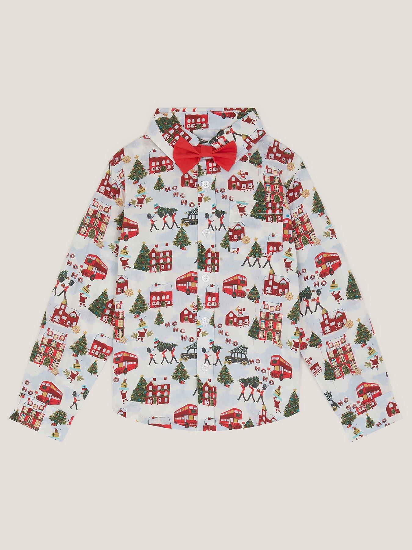 Monsoon Boys London Christmas Print Shirt  &  Bow Tie Set - Cream