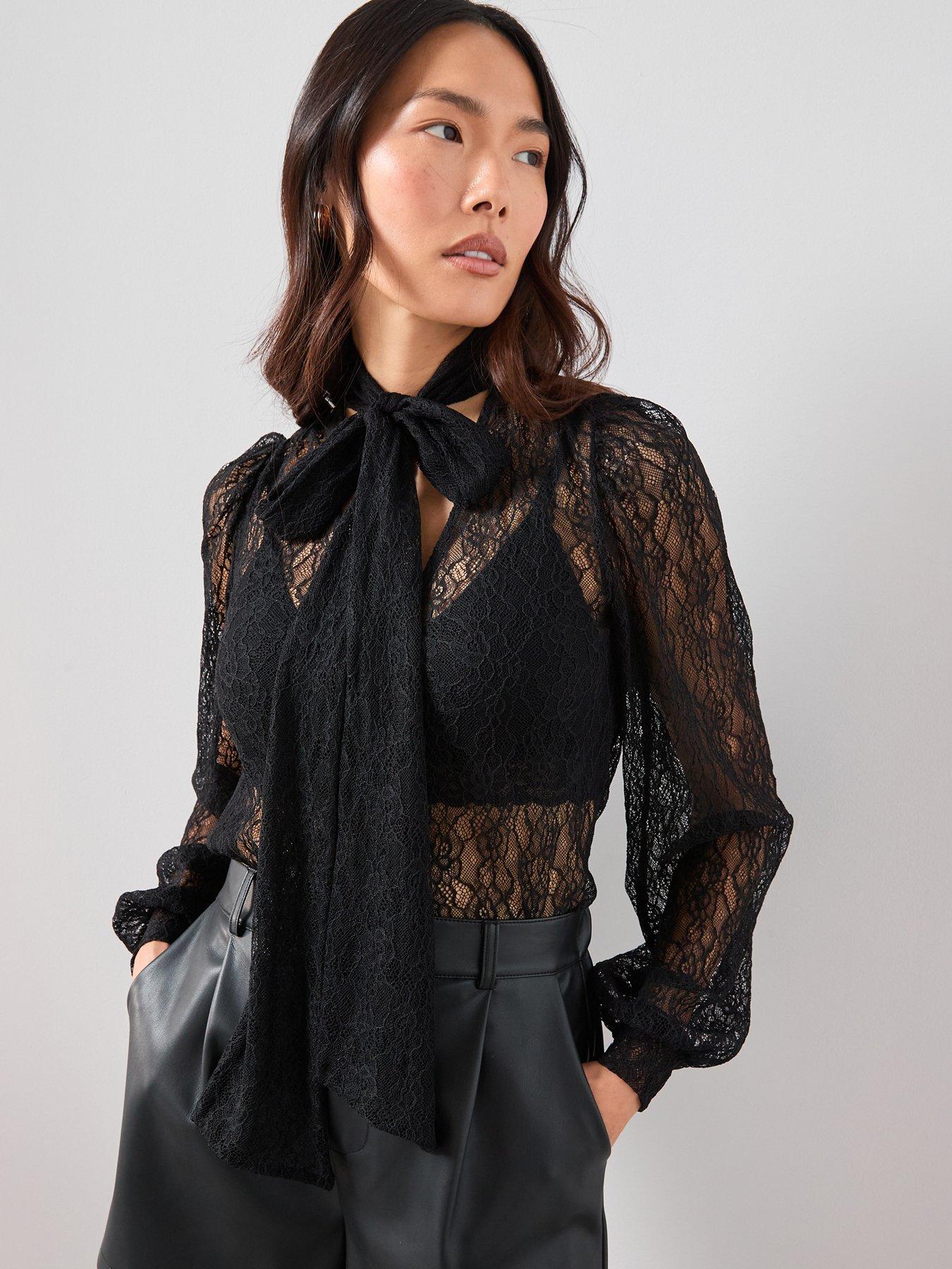 The Very Collection Lace Blouson Scarf Detail Top - Black