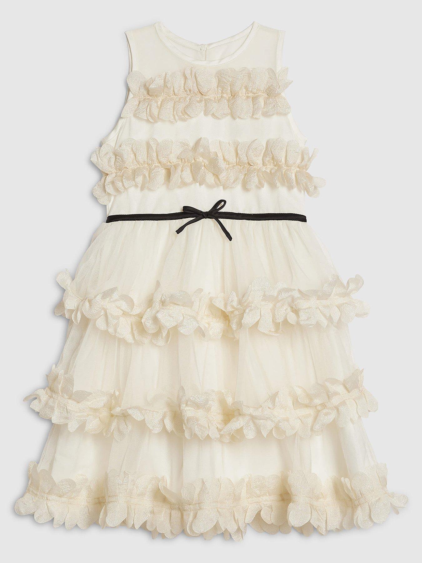 Image 1 of 4 of River Island Older Girls Tiered Bow Tulle Dress - Cream