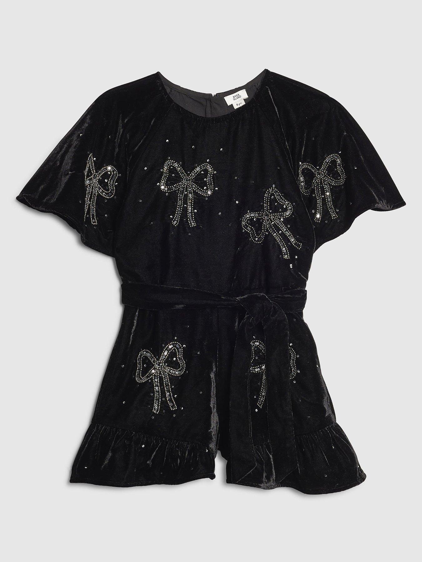  image of river-island-older-girls-velvet-bow-embellished-playsuit-black