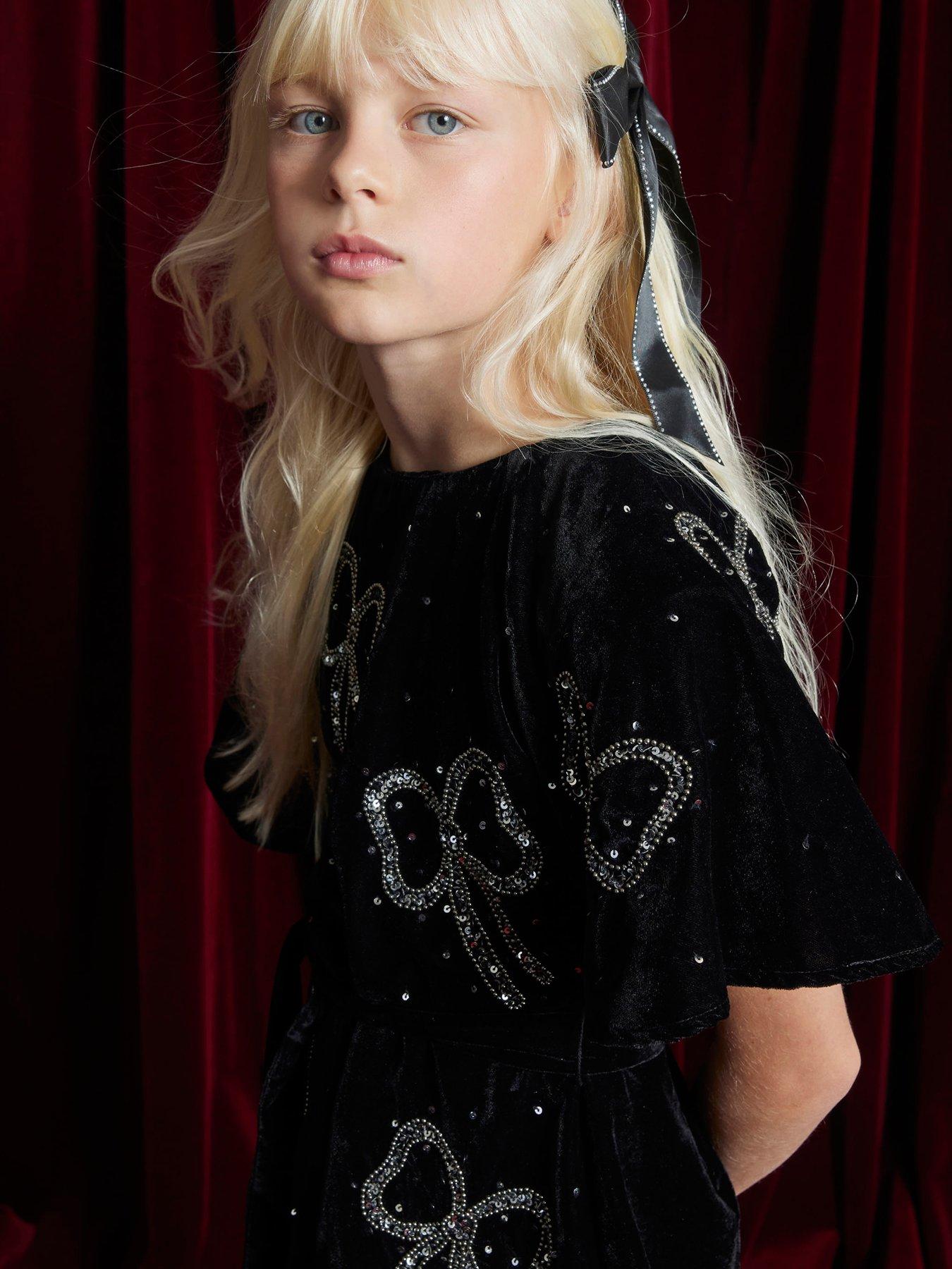  image of river-island-older-girls-velvet-bow-embellished-playsuit-black