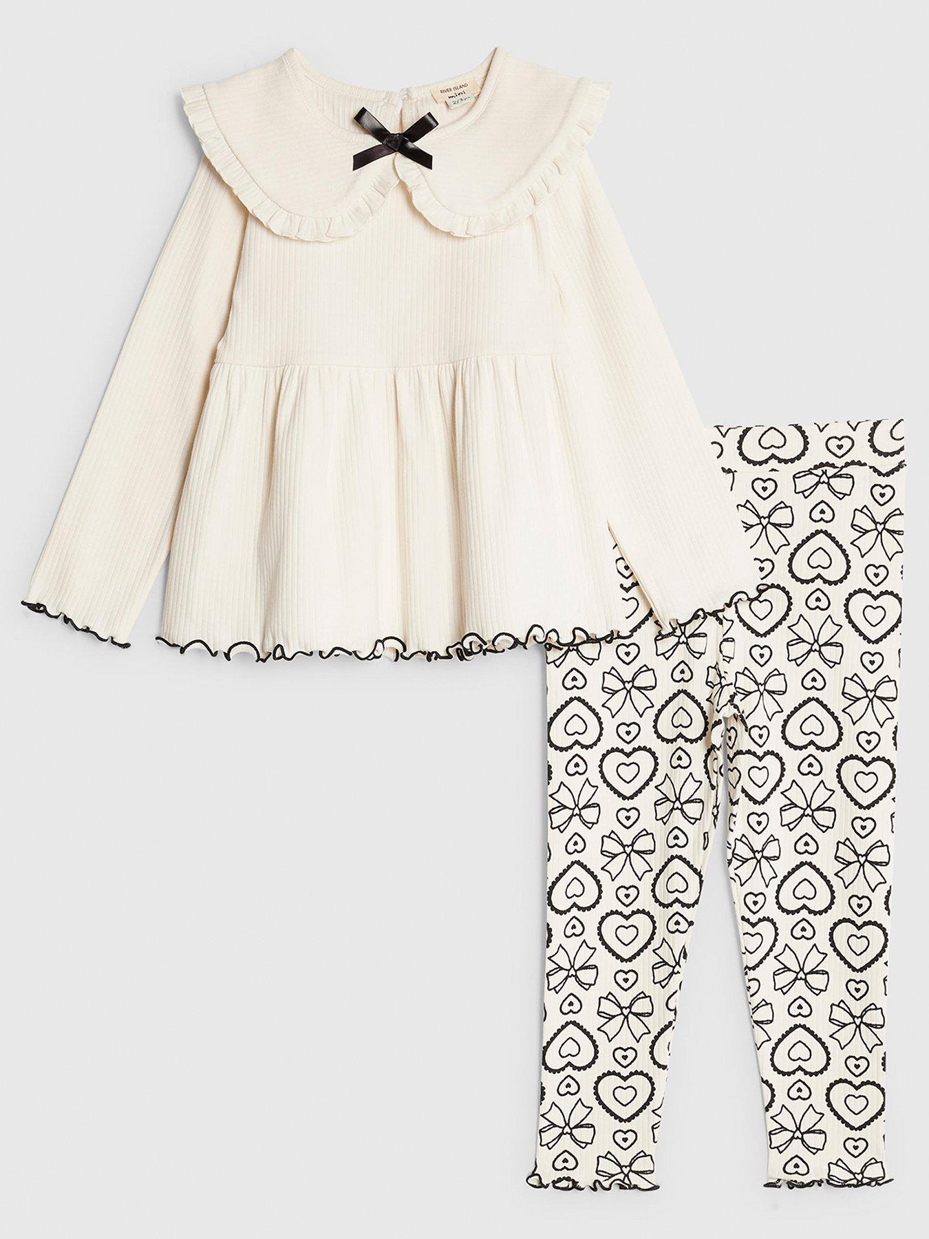 River Island Mini Girls Rib Collar Bow Top Set - Cream