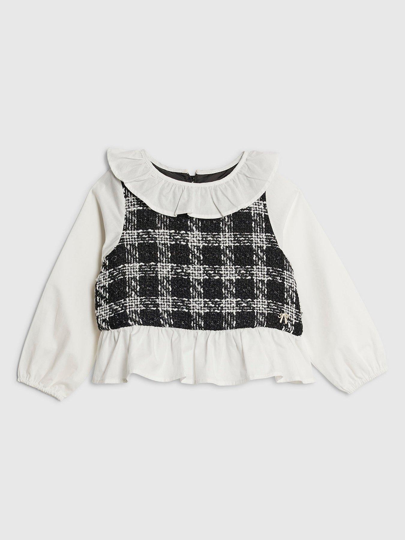 front image of river-island-mini-girls-boucle-frill-peplum-top-black