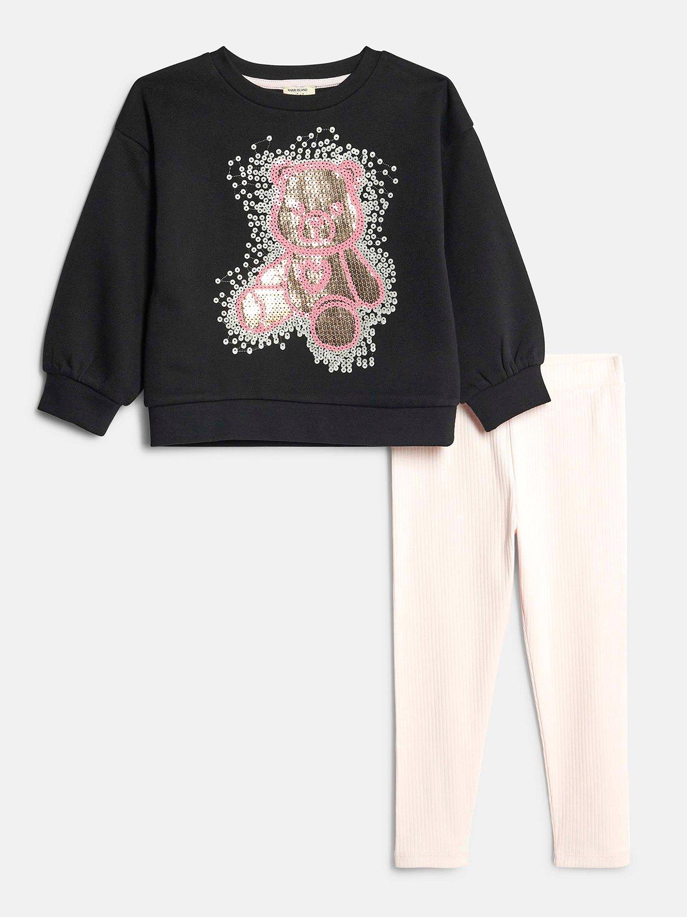  image of river-island-mini-mini-girls-sequin-bear-sweatshirt-set-black