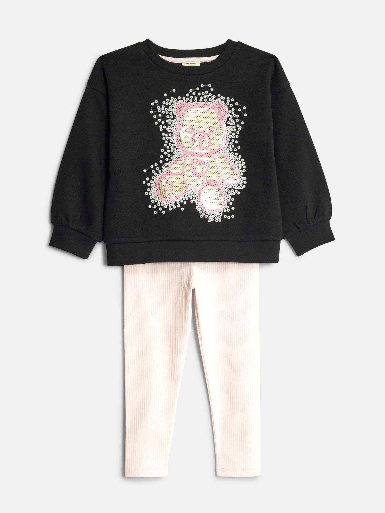  image of river-island-mini-mini-girls-sequin-bear-sweatshirt-set-black