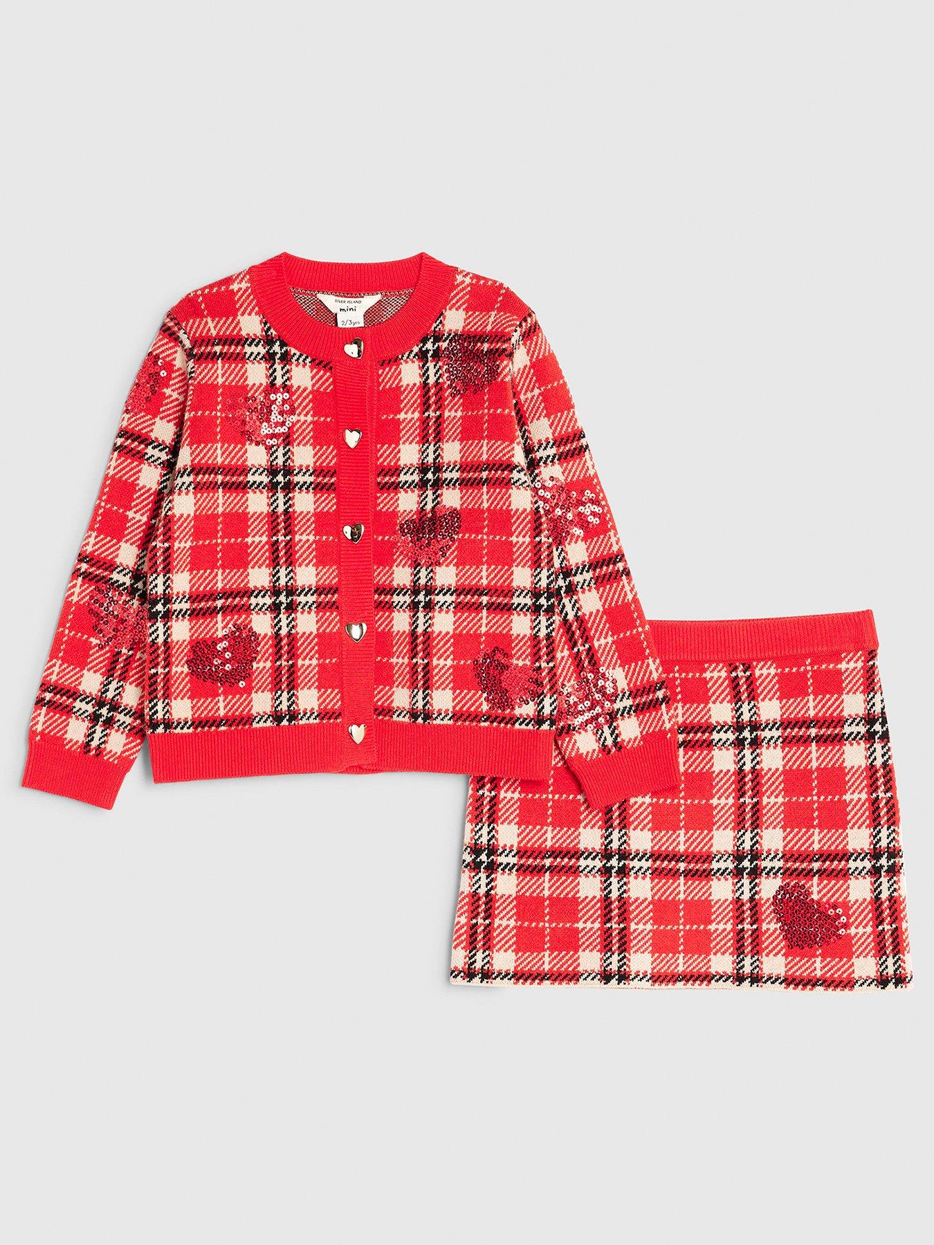 River Island Mini Girls Tartan Heart Sequin Skirt Set - Red