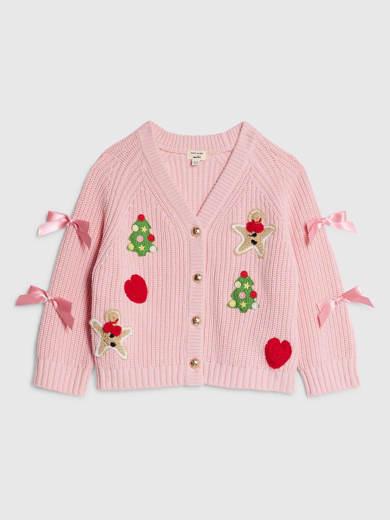 Image 1 of 4 of River Island Mini Girls Bow Christmas Cardigan - Pink